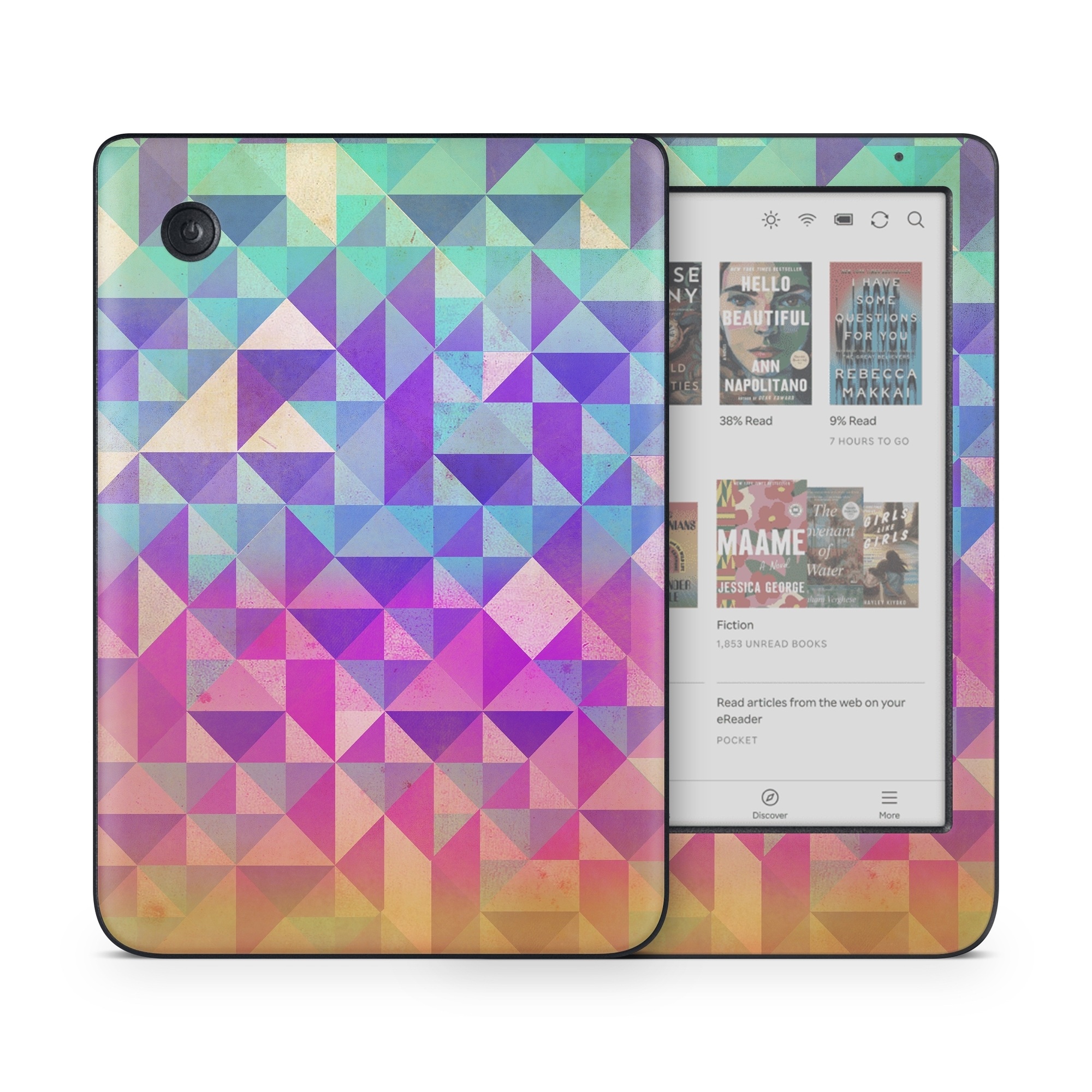 Kobo Clara Colour Skin design of Pattern, Purple, Triangle, Violet, Magenta, Line, Design, Symmetry, Psychedelic art, with gray, purple, green, blue, pink colors