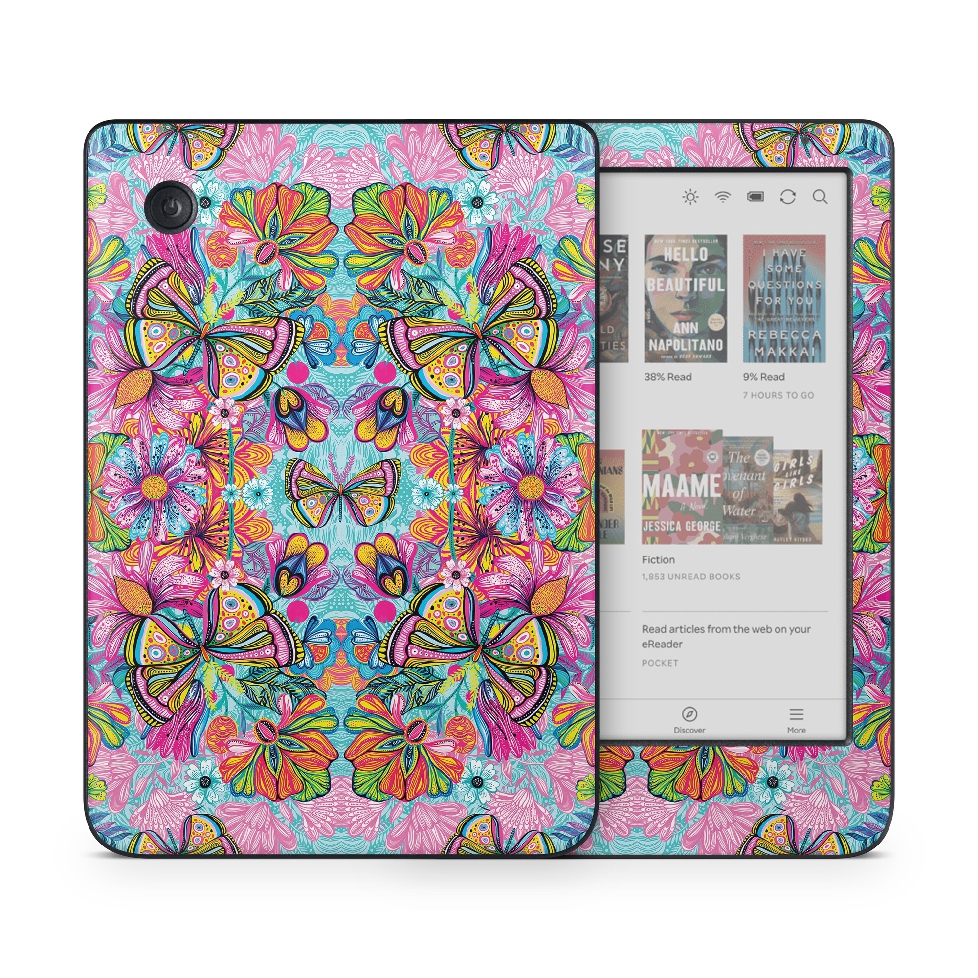 Kobo Clara Colour Skin design of Pattern, Design, Textile, Psychedelic art, Visual arts, Symmetry, Art, Motif, with blue, pink, green, yellow, orange, purple colors
