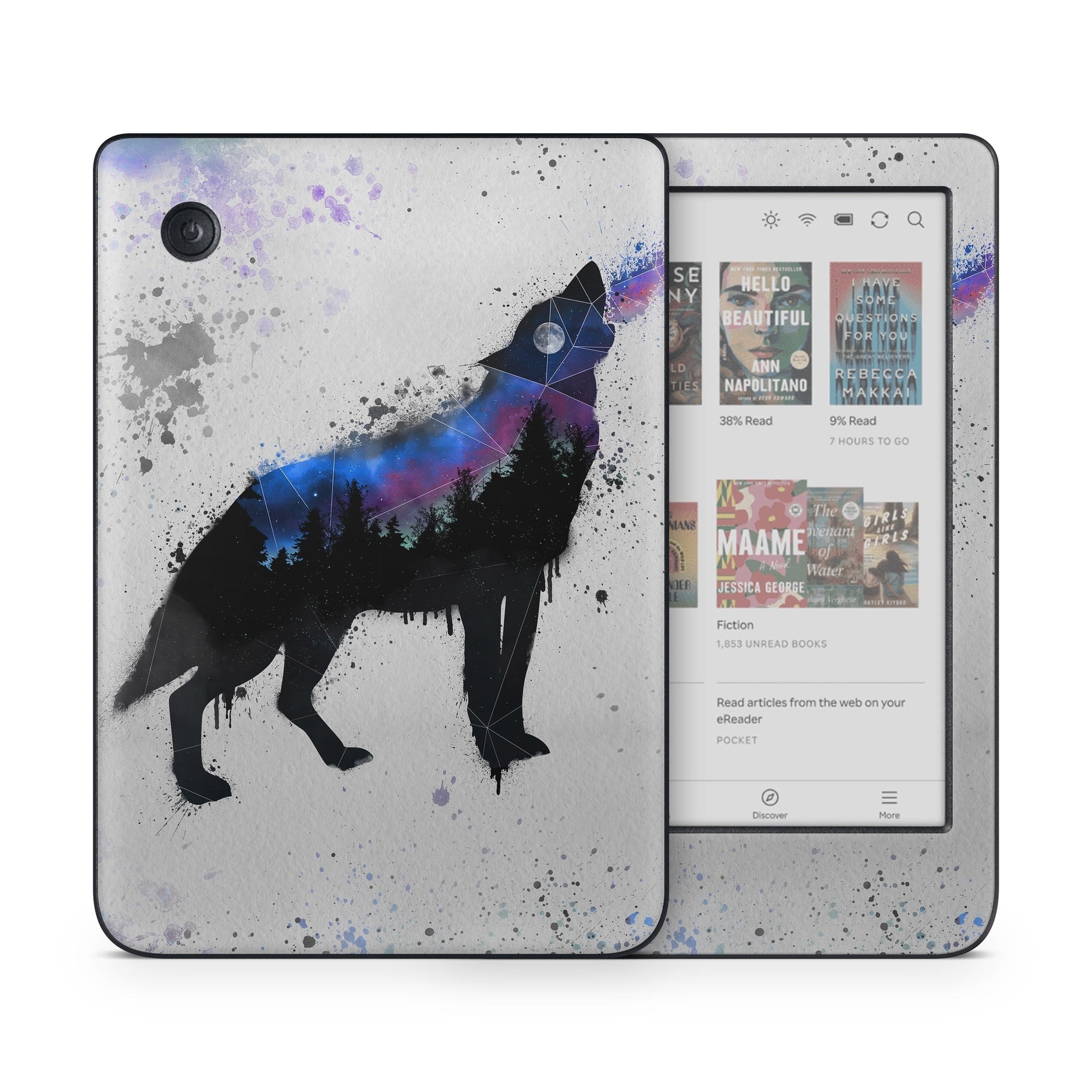 Kobo Clara Colour Skin design of Canidae, Art, Illustration, Watercolor paint, Dog, Graphic design, Street art, Acrylic paint, Painting, Visual arts, with gray, white, blue, black, green, purple colors