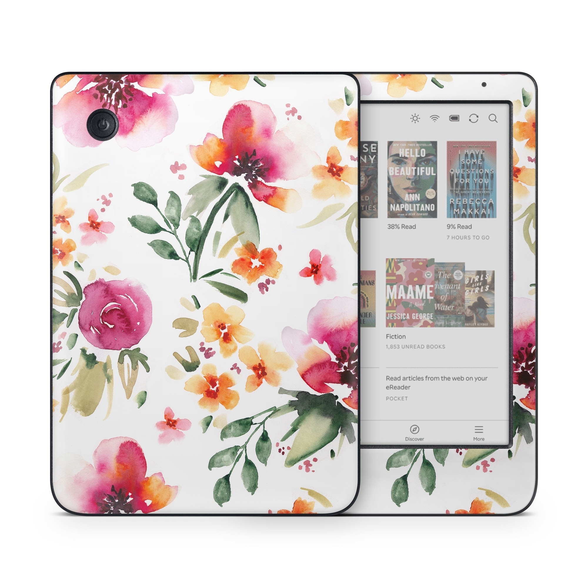 Kobo Clara Colour Skin design of Flower, Floral design, Pink, Pattern, Petal, Plant, Botany, Design, Wildflower, Clip art, with white, pink, red, orange, green colors