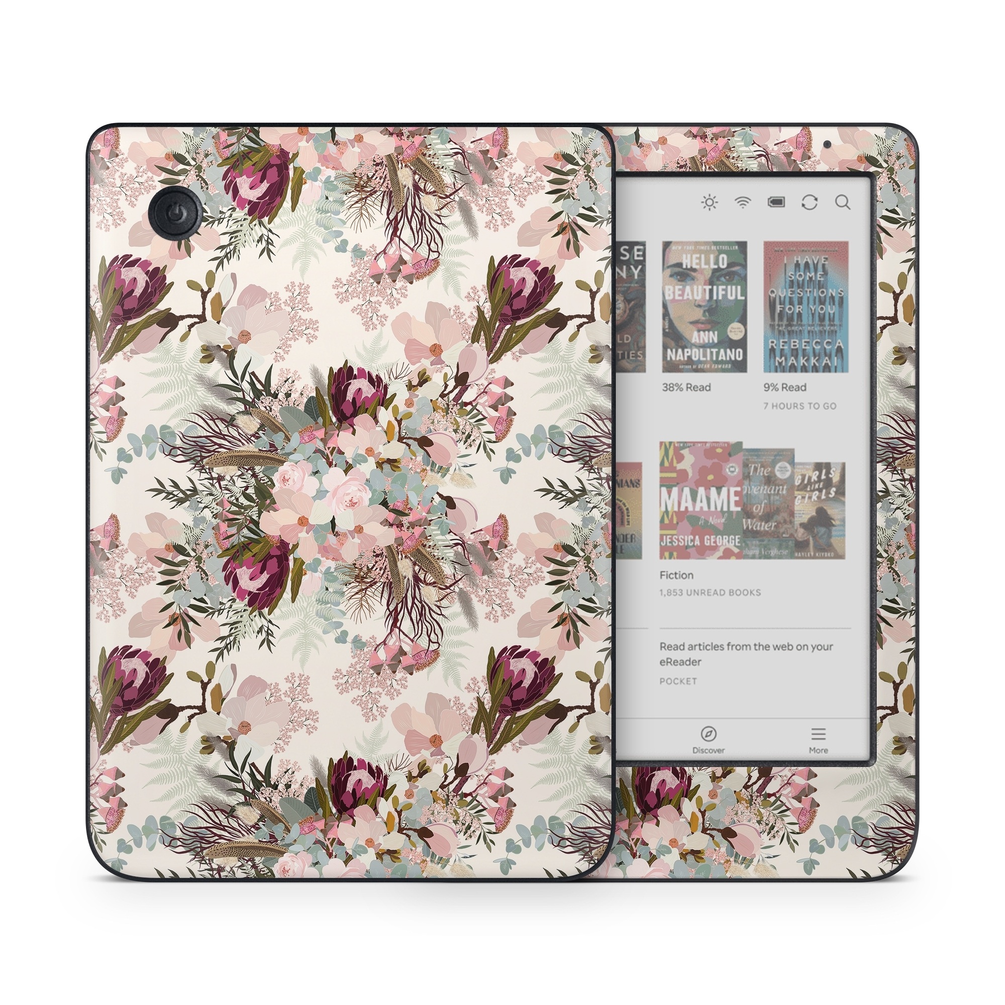 Kobo Clara Colour Skin design of Pink, Pattern, Lilac, Flower, Plant, Petal, Floral design, Textile, Design, Blossom, with white, red, pink, blue, brown colors