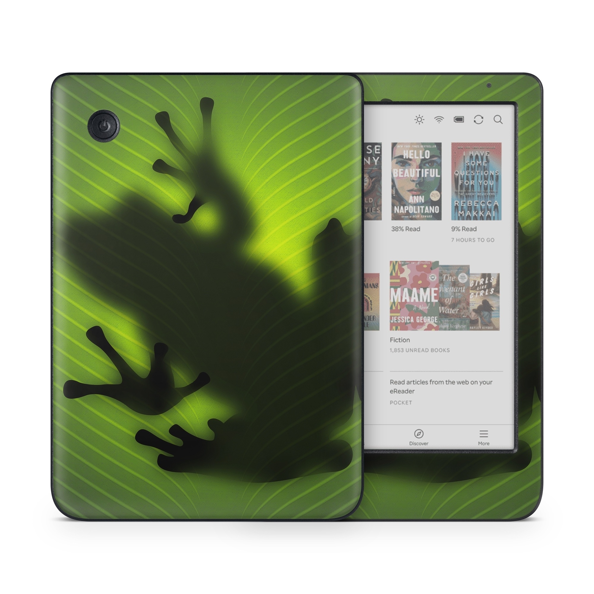 Kobo Clara Colour Skin design of Green, Frog, Tree frog, Amphibian, Shadow, Silhouette, Macro photography, Illustration, with green, black colors