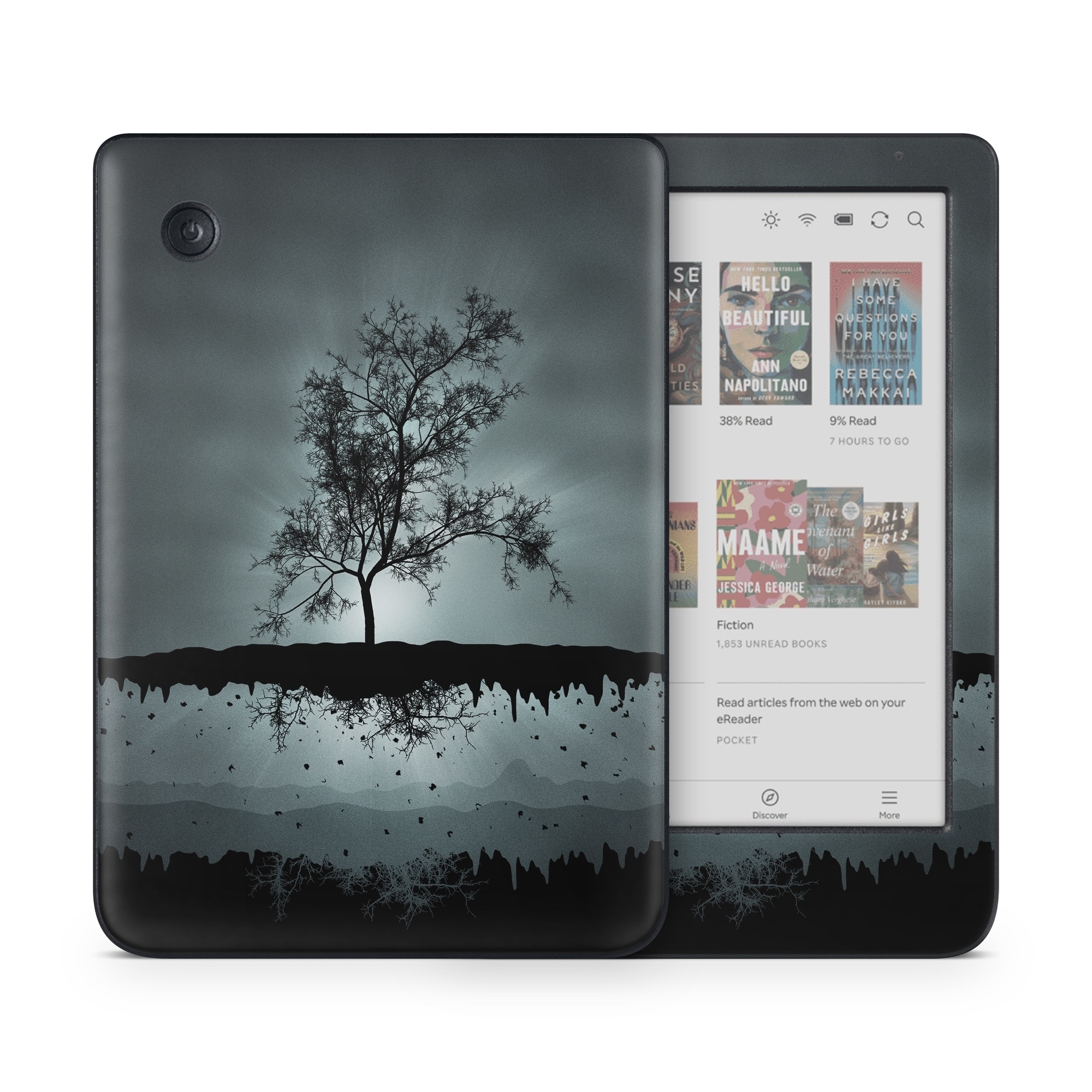 Kobo Clara Colour Skin design of Reflection, Sky, Nature, Water, Black, Tree, Black-and-white, Monochrome photography, Natural landscape, Atmospheric phenomenon, with black, gray, blue colors