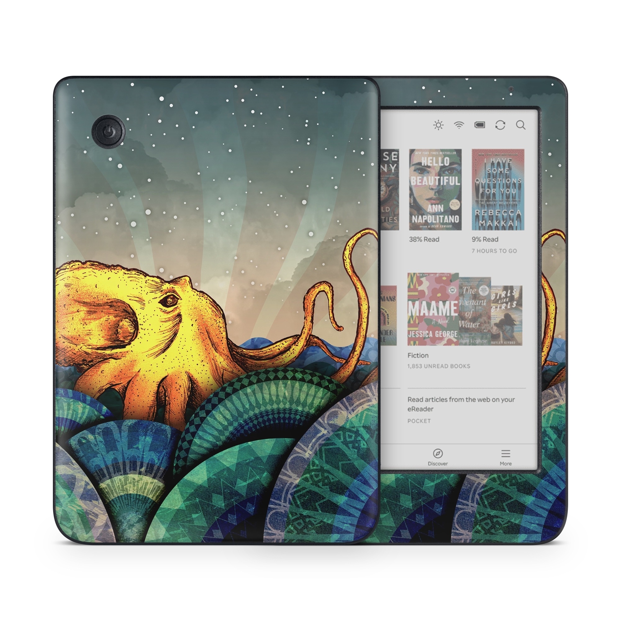 Kobo Clara Colour Skin design of Illustration, Fractal art, Art, Cg artwork, Sky, Organism, Psychedelic art, Graphic design, Graphics, Octopus, with black, gray, blue, green, red colors