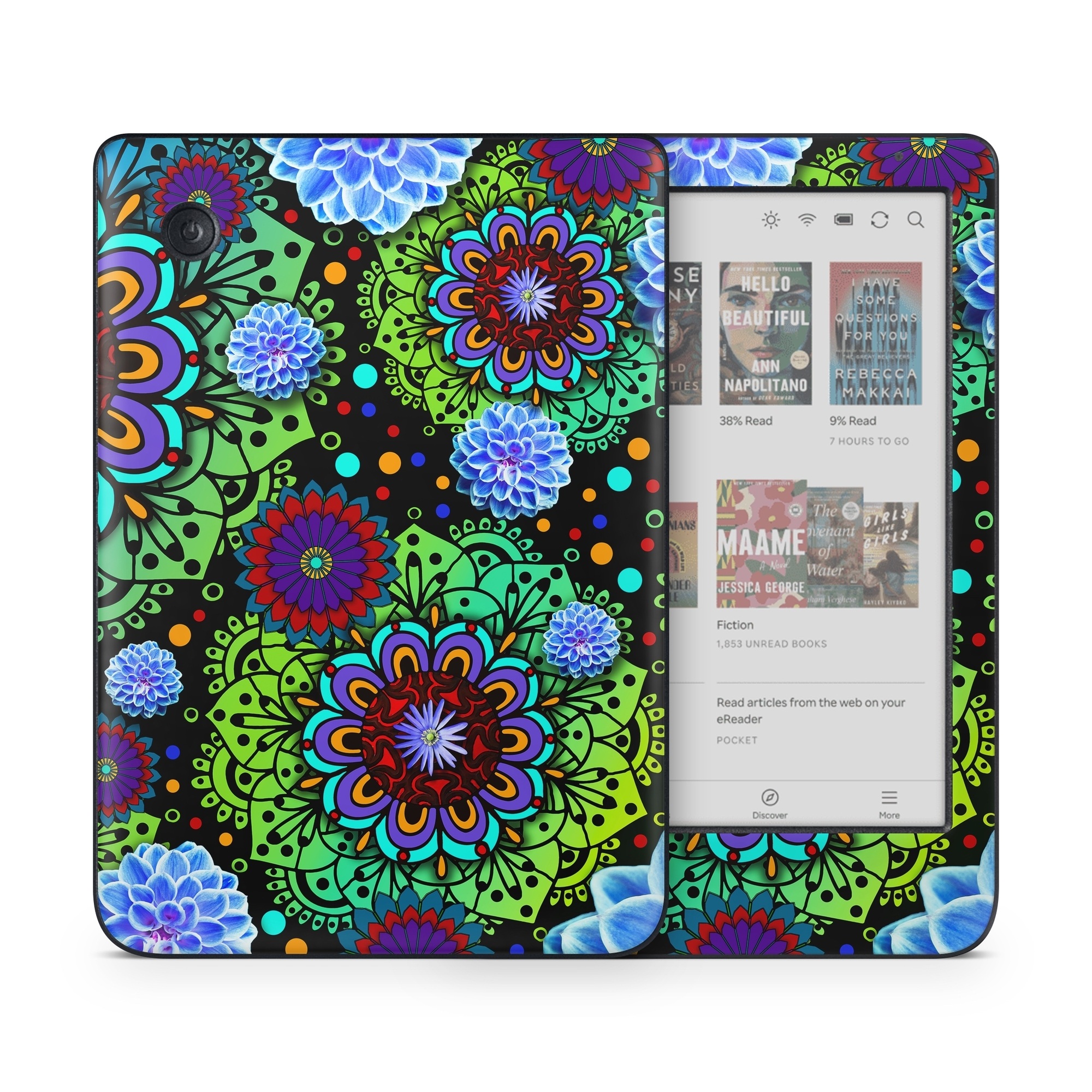 Kobo Clara Colour Skin design of Pattern, Psychedelic art, Design, Flower, Art, Visual arts, Floral design, Plant, Textile, Symmetry, with black, blue, green, purple colors