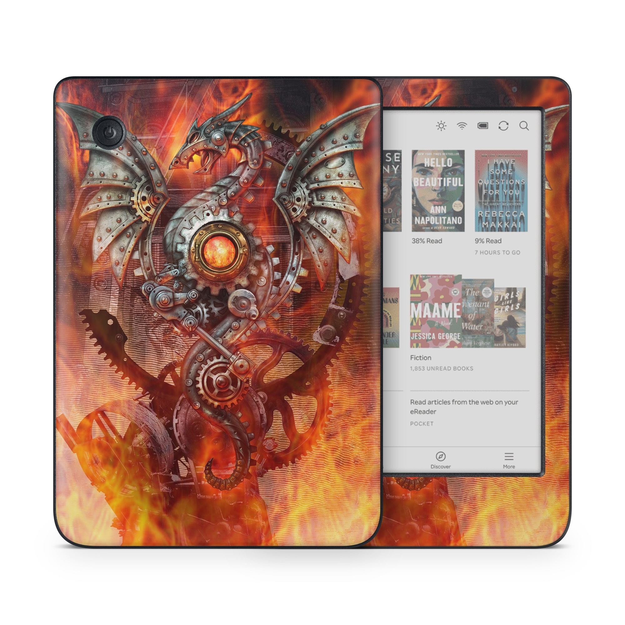 Kobo Clara Colour Skin design of Dragon, Demon, Cg artwork, Illustration, Fictional character, Fractal art, Flame, Art, Mythology, Supernatural creature, with red, black, orange, pink, green colors