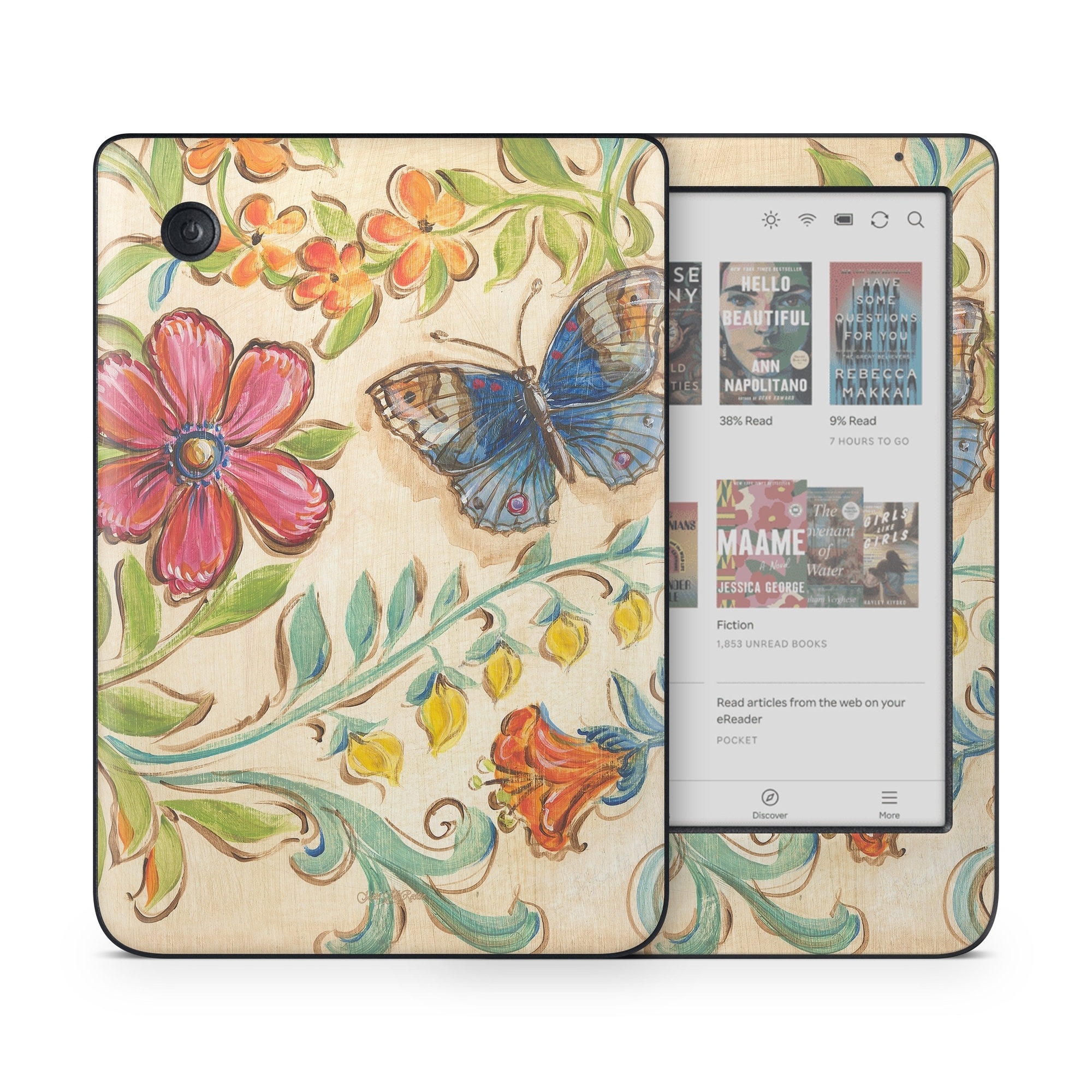Kobo Clara Colour Skin design of Butterfly, Moths and butterflies, Insect, Pollinator, Plant, Pattern, Watercolor paint, Wildflower, Visual arts, Brush-footed butterfly, with gray, pink, green, red, orange, blue colors