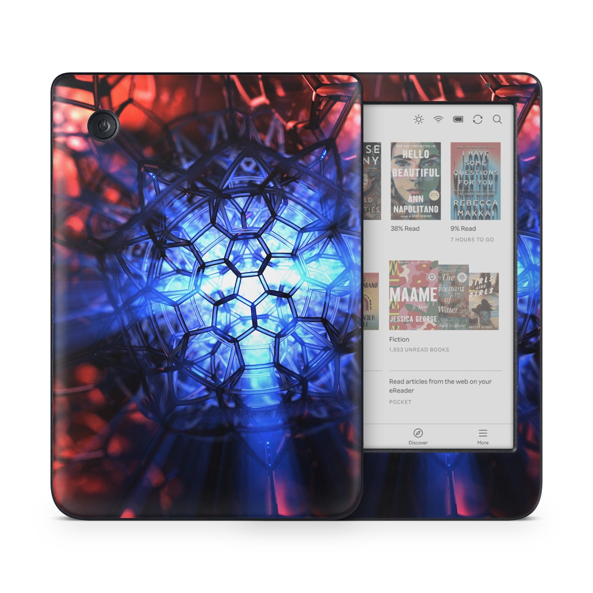 Kobo Clara Colour Skin design of Blue, Fractal art, Red, Light, Pattern, Lighting, Art, Kaleidoscope, Design, Psychedelic art, with black, blue, red colors