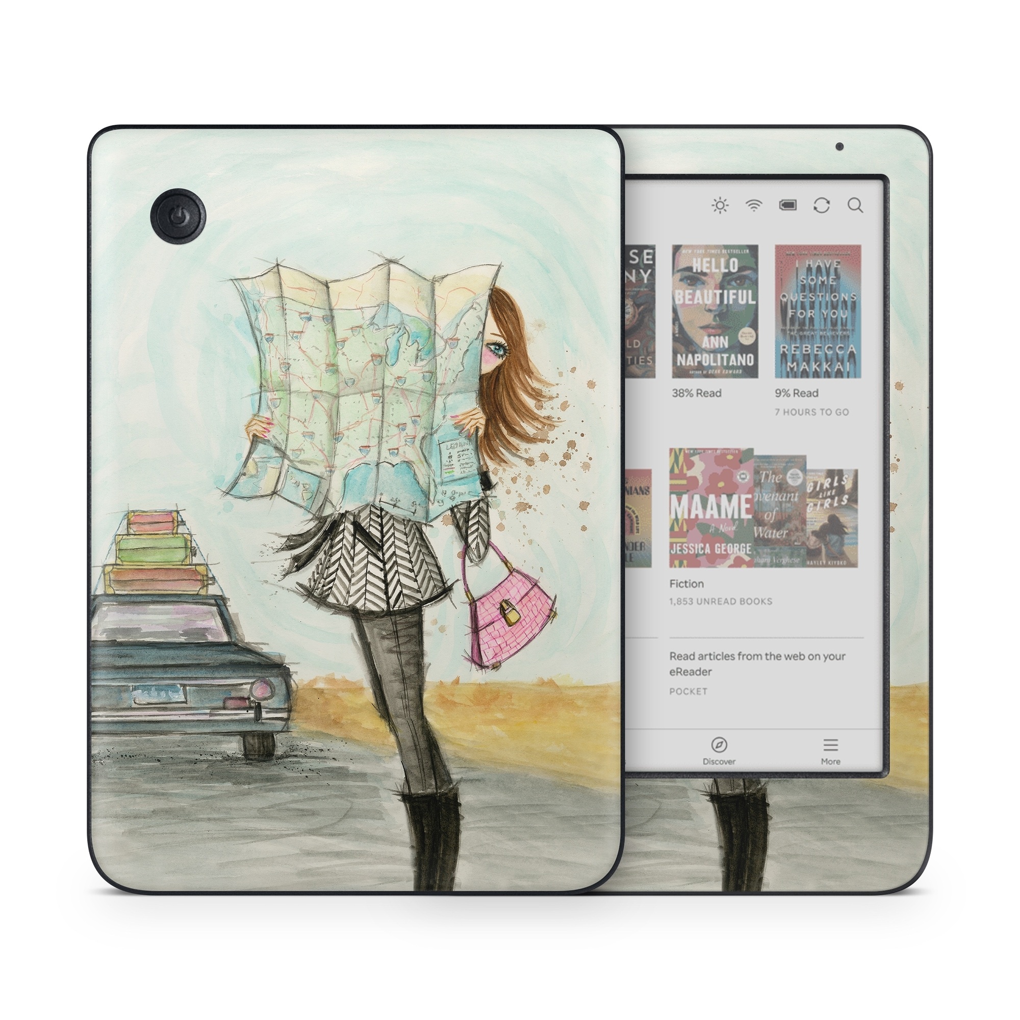 Kobo Clara Colour Skin design of Fashion illustration, Sketch, Watercolor paint, Illustration, Drawing, Art, Footwear, Vehicle, Painting, Fashion design, with blue, black, gray, white, pink, brown, green, orange, yellow colors