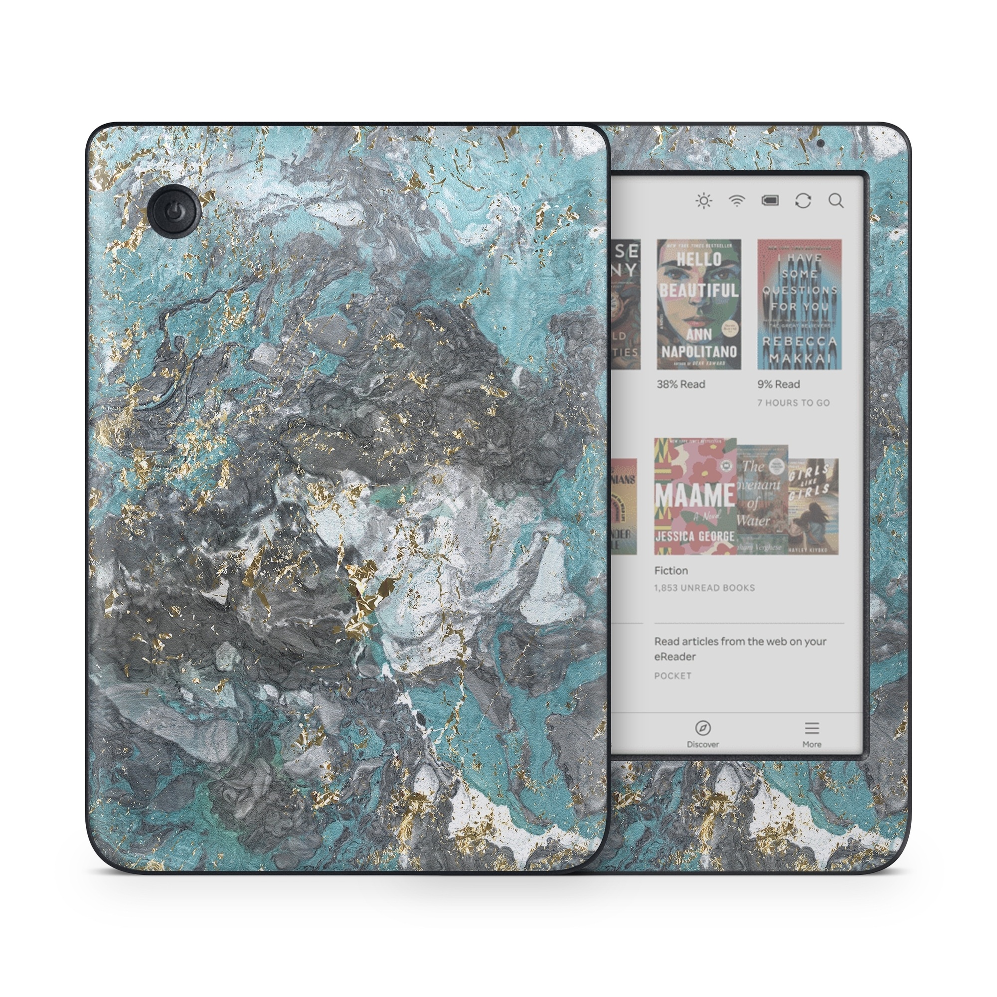 Kobo Clara Colour Skin design of Blue, Turquoise, Green, Aqua, Teal, Geology, Rock, Painting, Pattern, with black, white, gray, green, blue colors