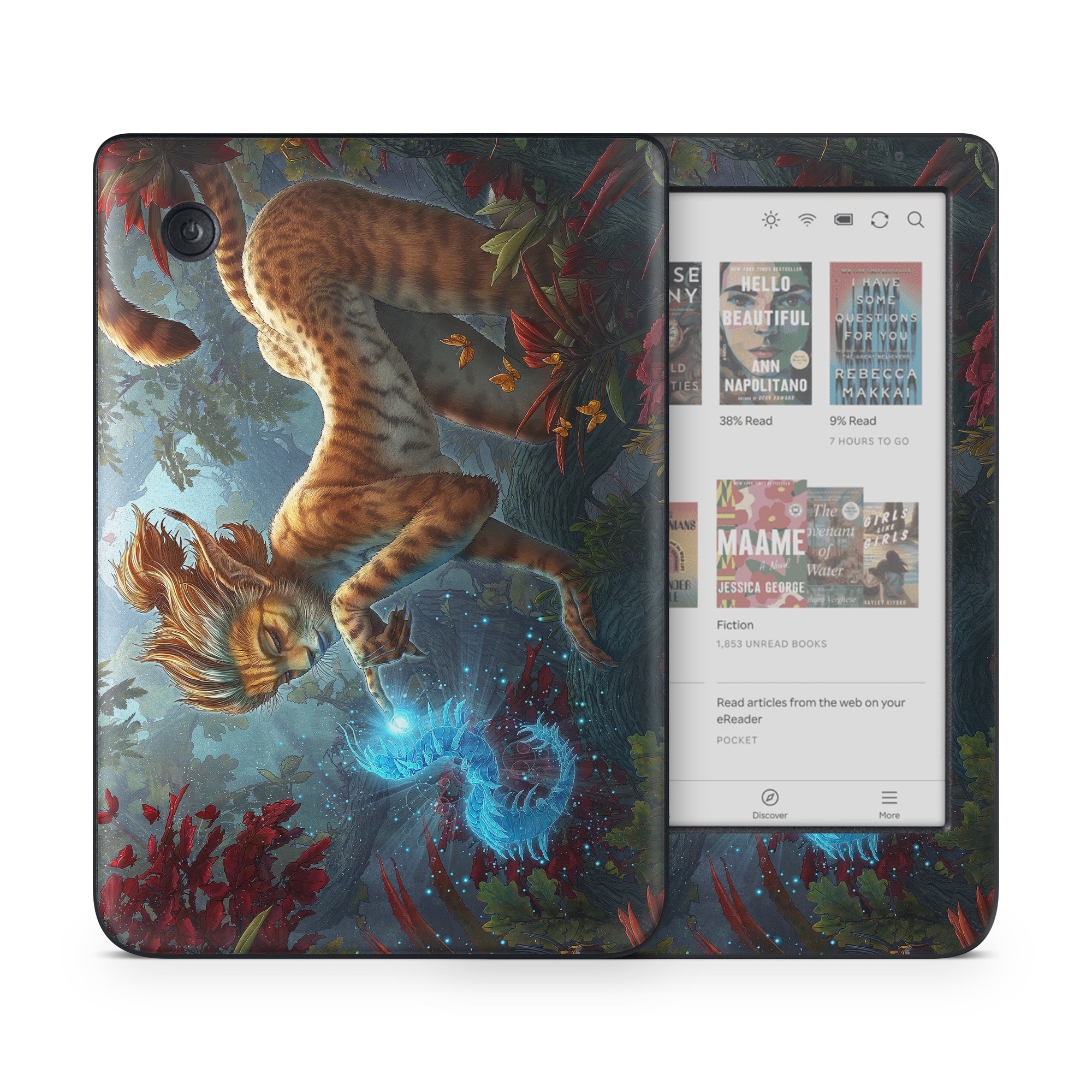Kobo Clara Colour Skin design of Fictional character, Mythology, Illustration, Cg artwork, Sky, Organism, Dragon, Felidae, Mythical creature, Art, with yellow, red, black, green, blue colors