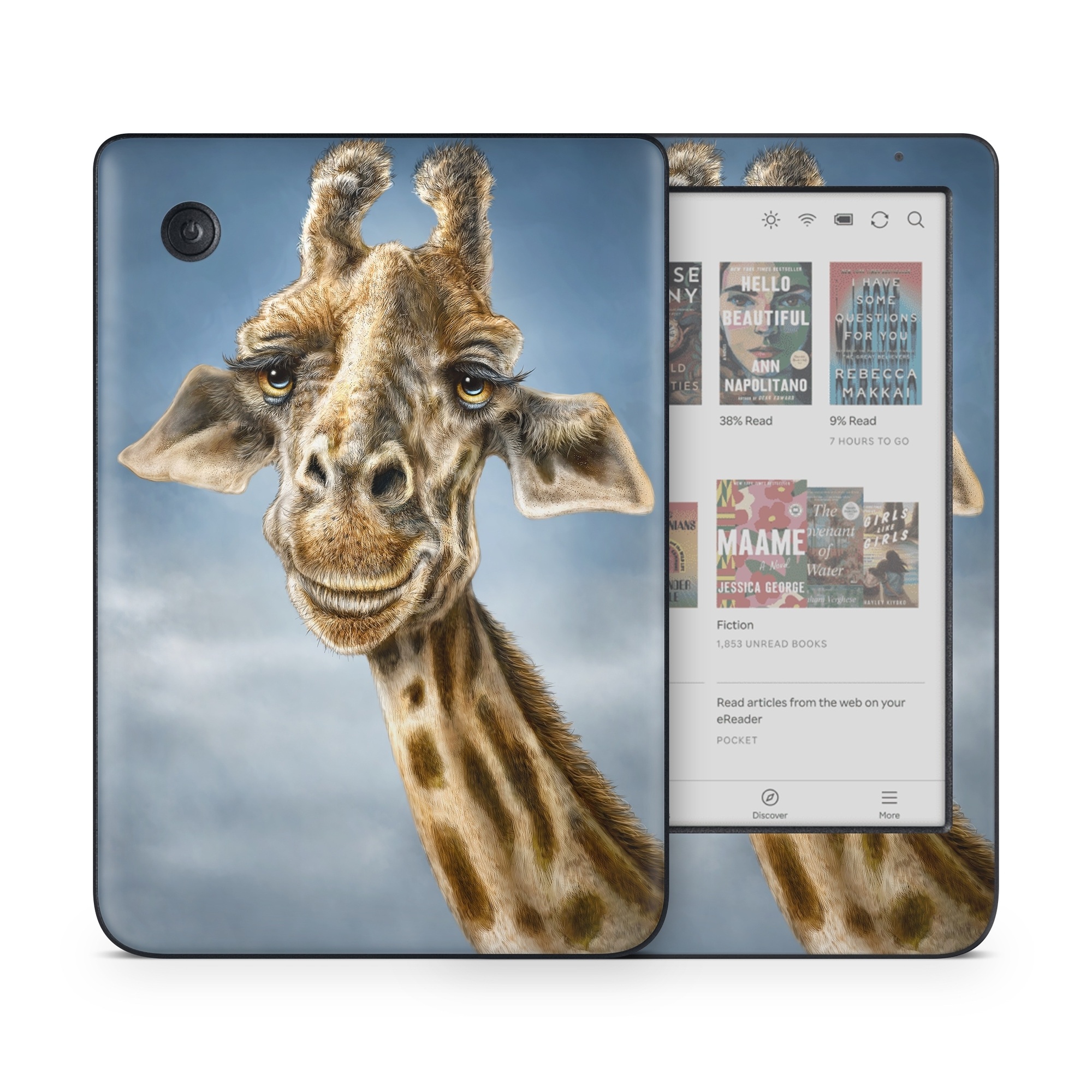 Kobo Clara Colour Skin design of Giraffe, Giraffidae, Terrestrial animal, Wildlife, Head, Snout, Organism, Adaptation, Close-up, Neck, with gray, black, blue, green colors