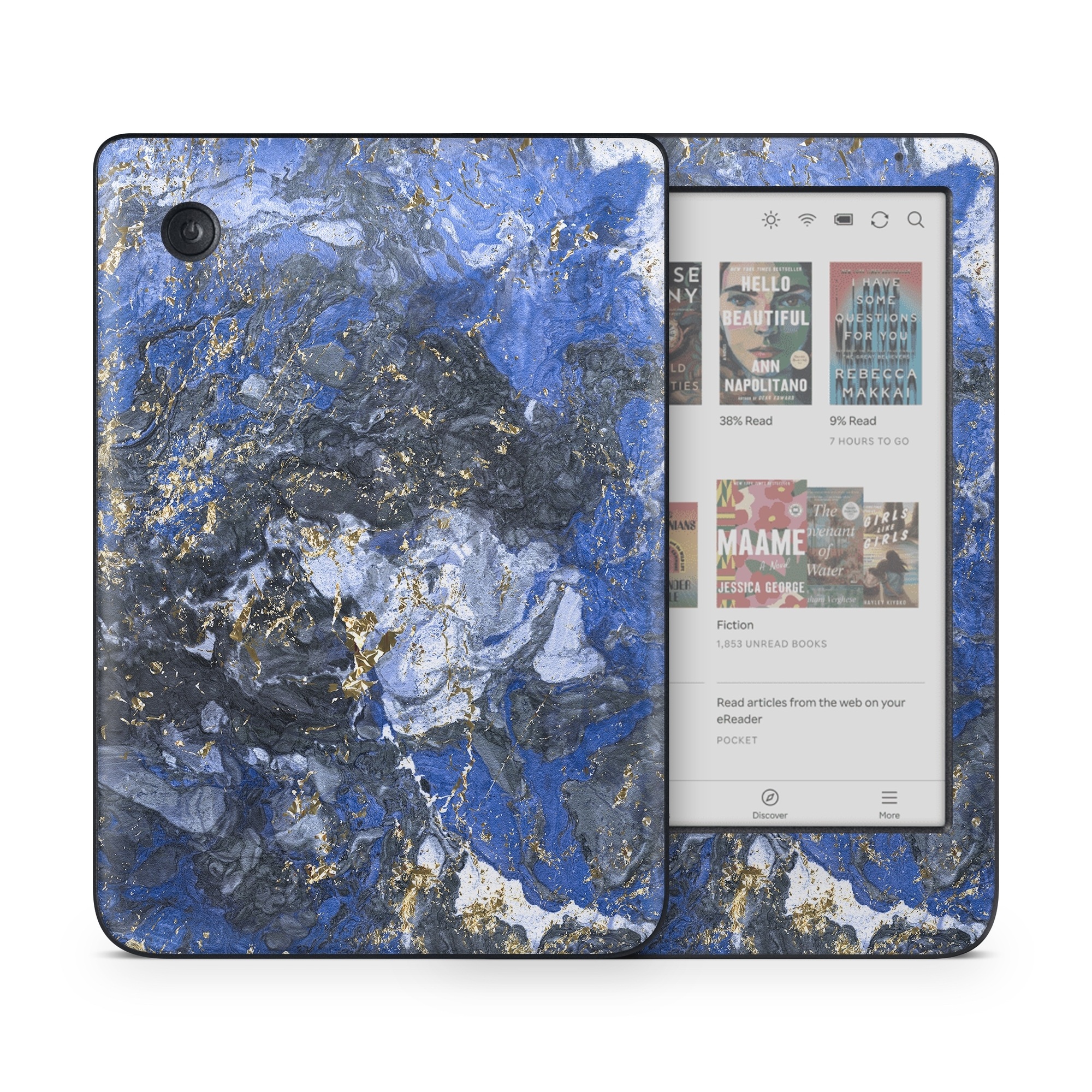 Kobo Clara Colour Skin design of Blue, Water, Cobalt blue, Rock, Painting, Geology, Electric blue, Mineral, Pattern, Acrylic paint, with black, blue, yellow, white, gray colors