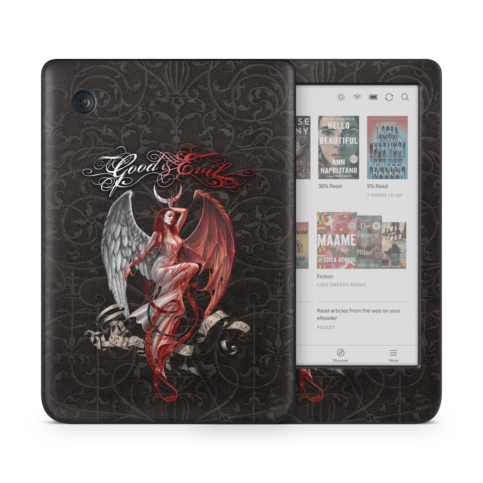 Kobo Clara Colour Skin design of Illustration, Fictional character, Graphic design, Supernatural creature, Demon, Cg artwork, Art, Mythology, Angel, Wing, with black, white, red colors
