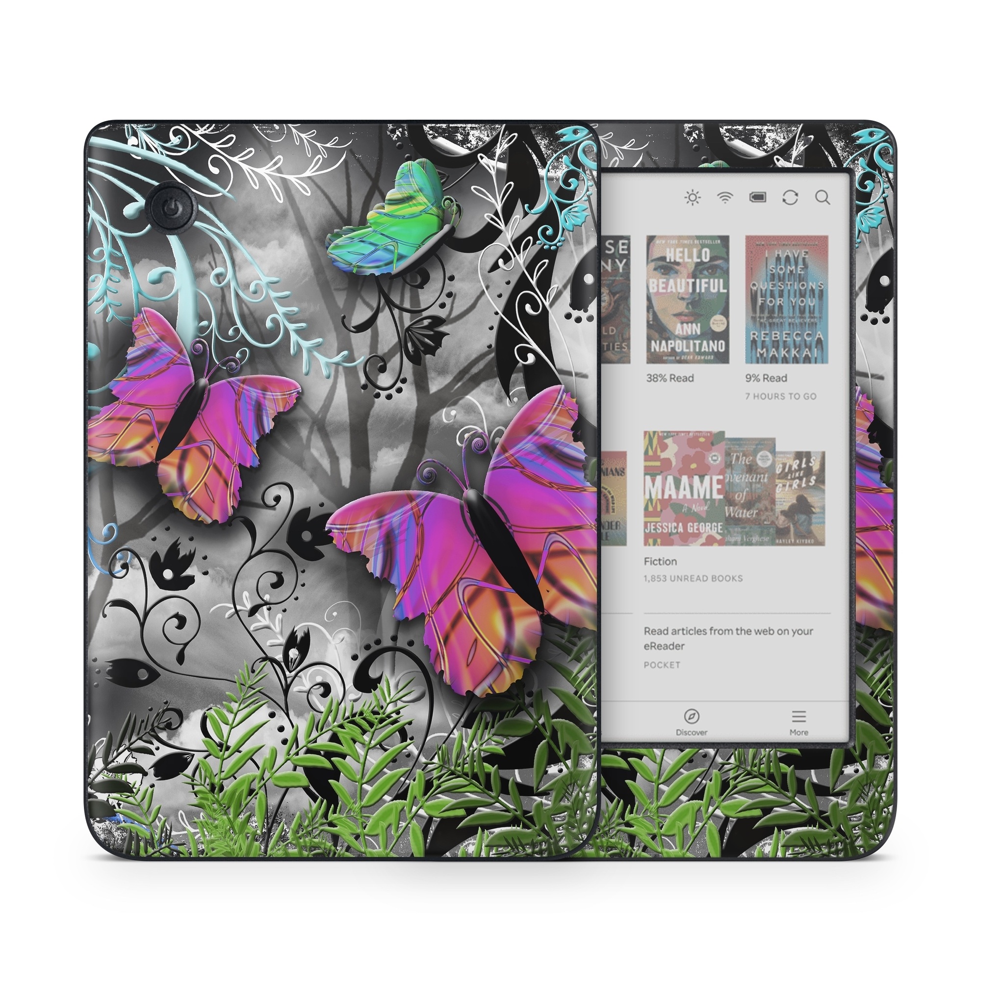 Kobo Clara Colour Skin design of Butterfly, Pink, Purple, Violet, Organism, Spring, Moths and butterflies, Botany, Plant, Leaf, with black, gray, green, purple, red colors