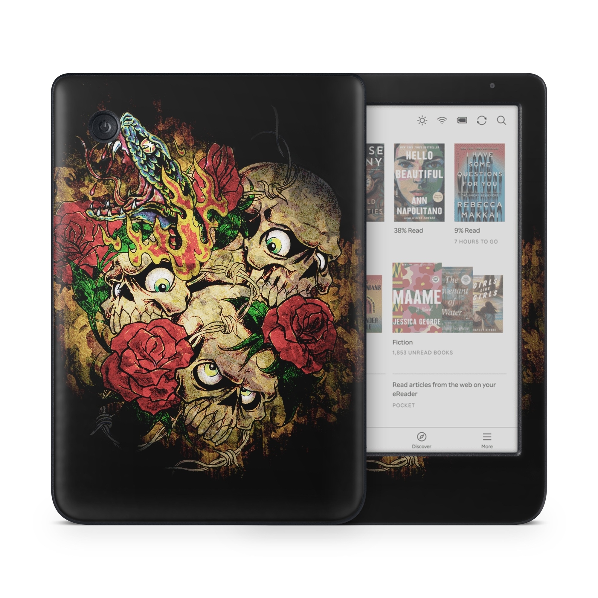 Kobo Clara Colour Skin design of Illustration, Bouquet, Art, Skull, Plant, Rose, Flower, Graphic design, Fictional character, Floral design, with black, red, green, gray colors