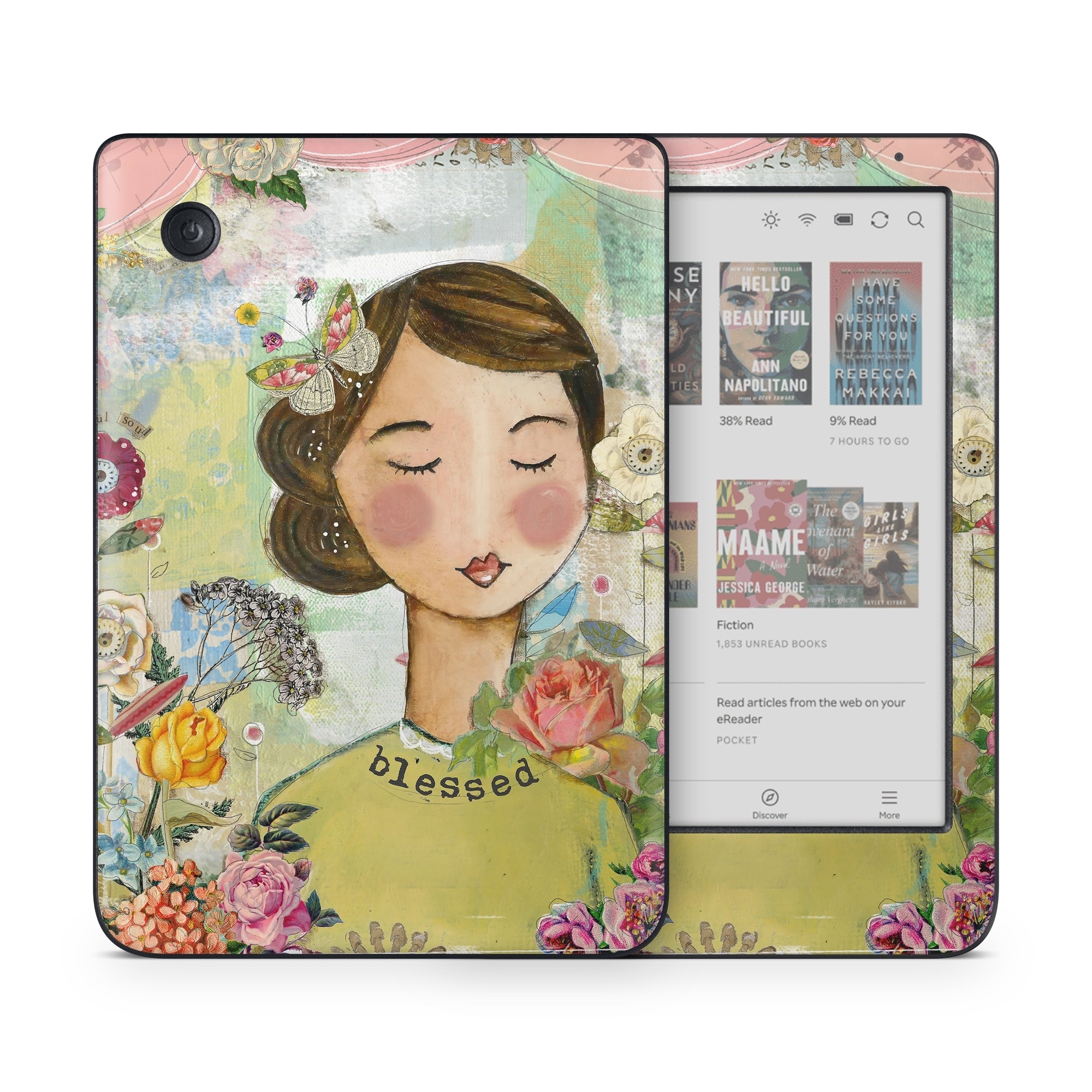 Kobo Clara Colour Skin design of Illustration, Cheek, Art, Watercolor paint, Retro style, Painting, Plant, Flower, Fashion illustration, Fictional character, with pink, green, yellow, white, red, blue colors