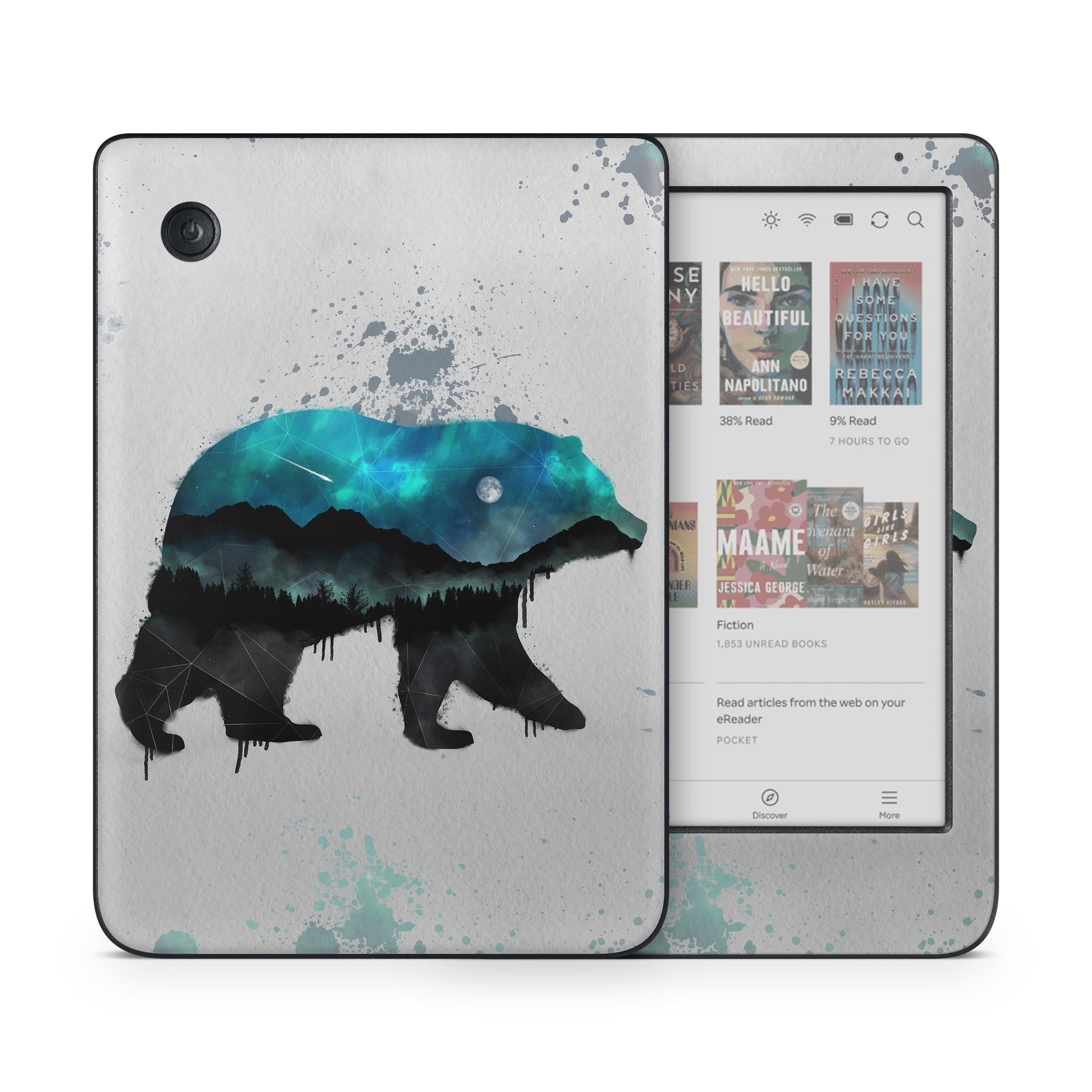 Kobo Clara Colour Skin design of Bear, Illustration, Grizzly bear, Art, Watercolor paint, Snout, Carnivore, Graphic design, Space, Polar bear, with gray, black, white, green, blue colors