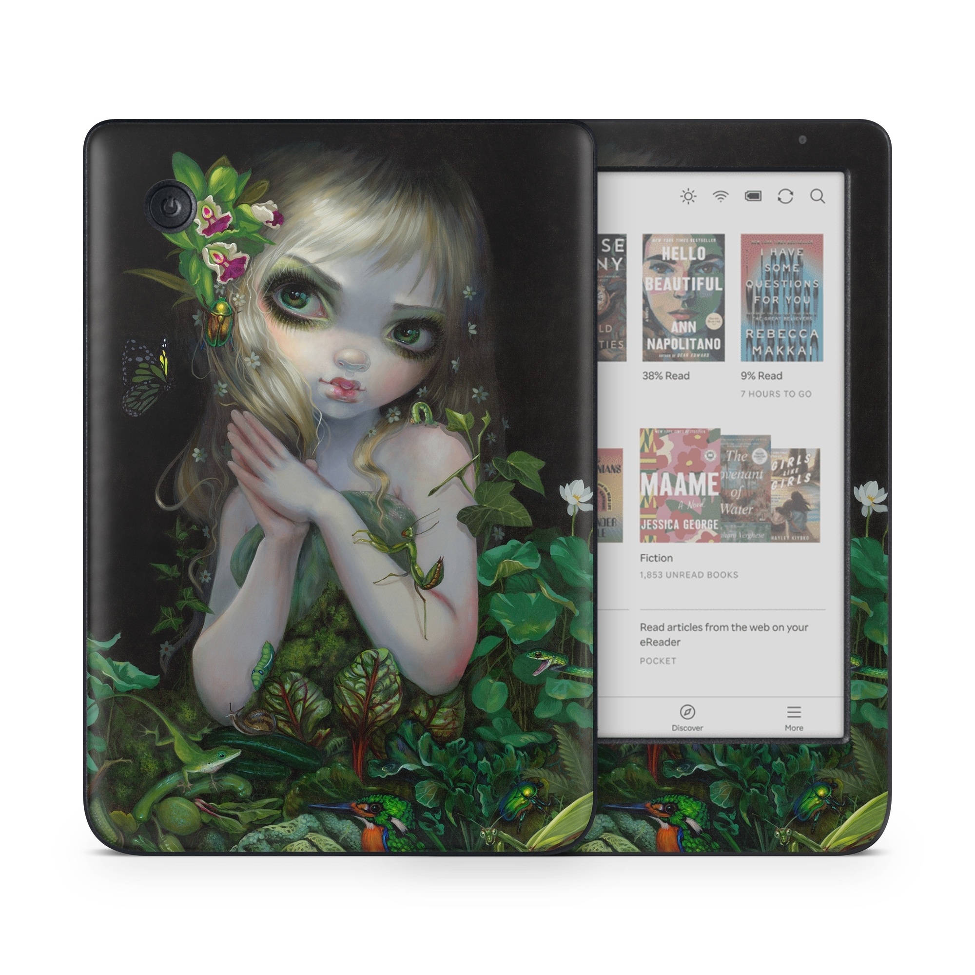 Kobo Clara Colour Skin design of Green, Doll, Fictional character, Lip, Plant, Supervillain, Flower, Illustration, Ivy, Fawn, with black, white, green, red colors