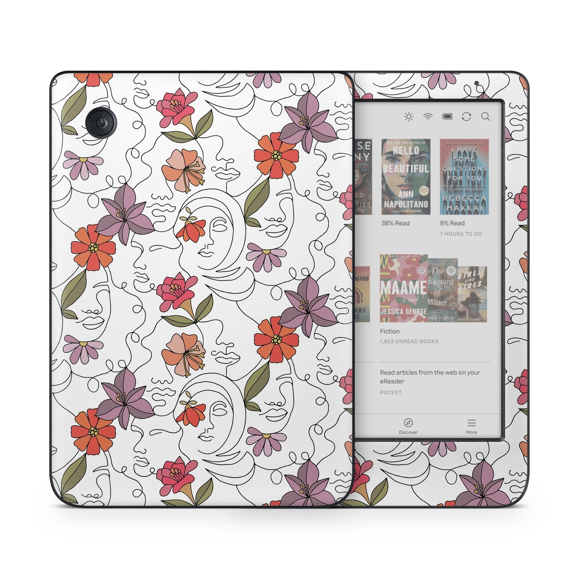 Kobo Clara Colour Skin design of Flower, Plant, White, Product, Petal, Branch, Rectangle, Botany, Textile, Creative arts, with white, red, purple, green, orange colors