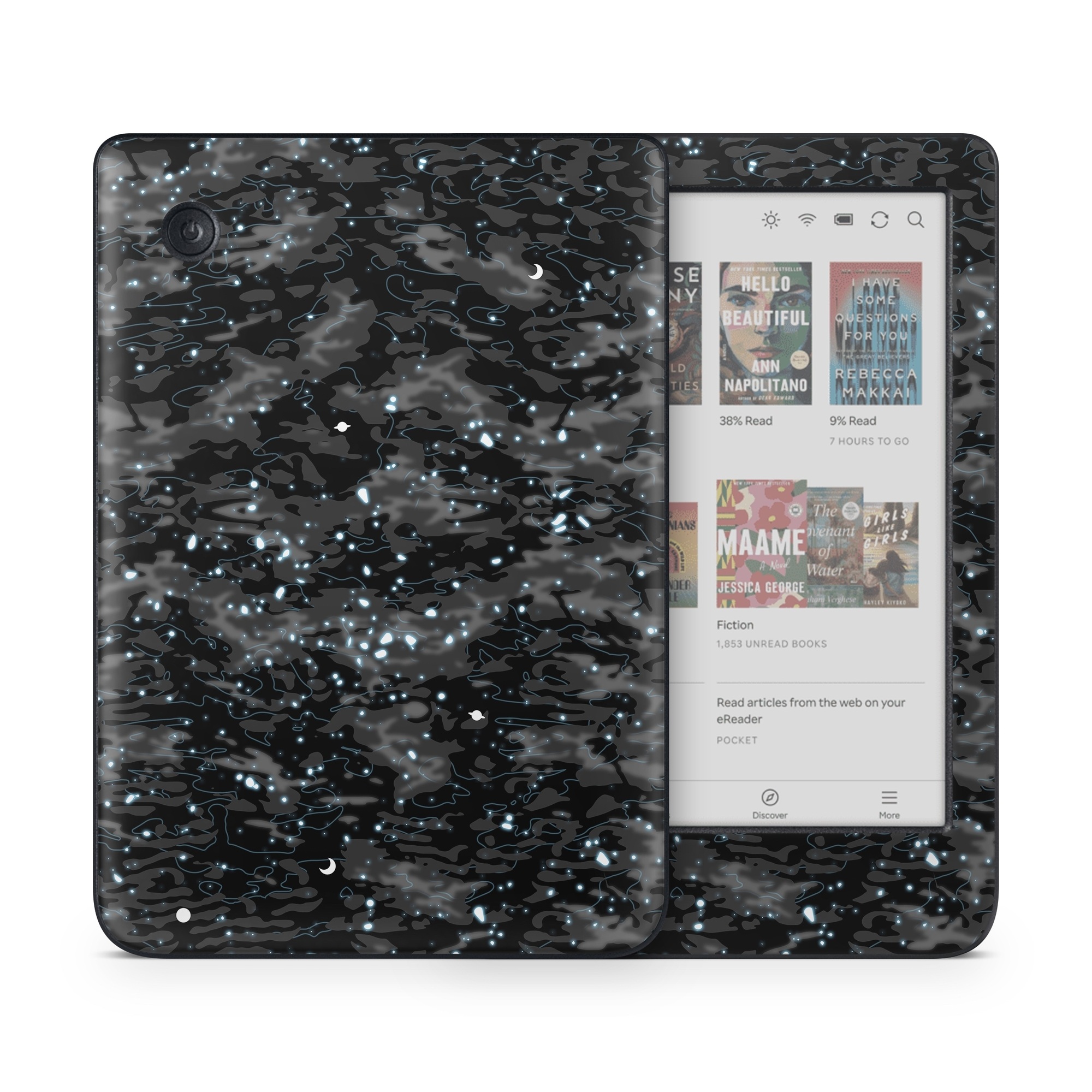 Kobo Clara Colour Skin design of Black, Water, Space, Black-and-white, Granite, with blue, white, gray, blue colors