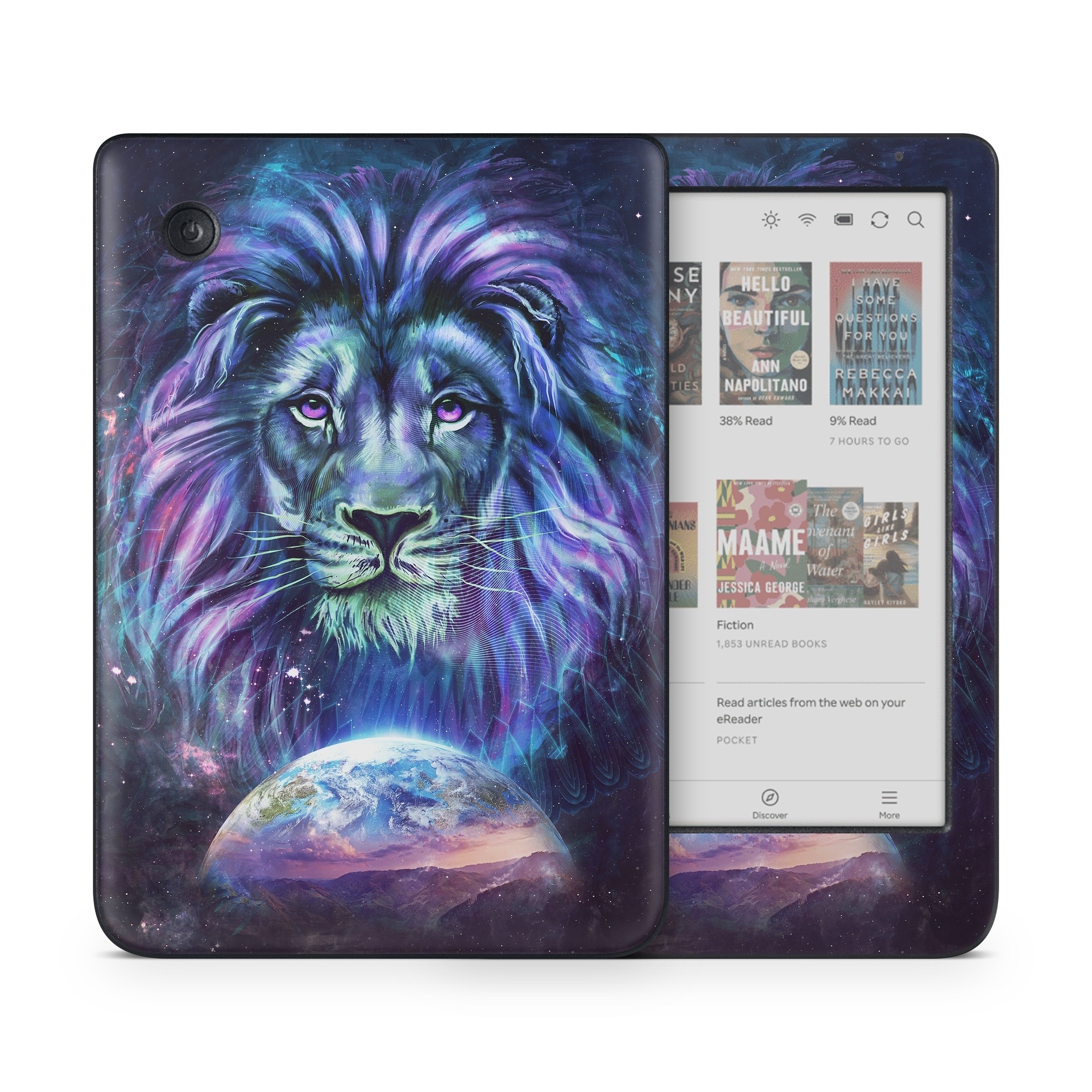 Kobo Clara Colour Skin design of Lion, Felidae, Purple, Wildlife, Big cats, Illustration, Darkness, Space, Painting, Art, with purple, blue, green, black, white, red colors