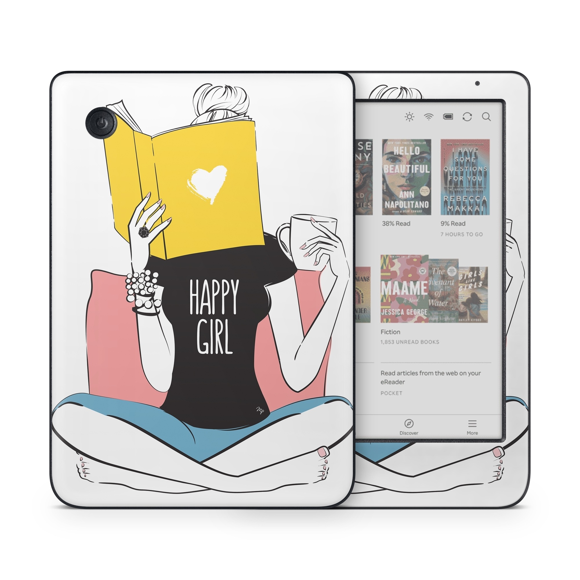 Kobo Clara Colour Skin design of White, Sleeve, Gesture, Cartoon, Comfort, Elbow, Font, Graphics, Knee, Art, with white, black, blue, pink, yellow colors