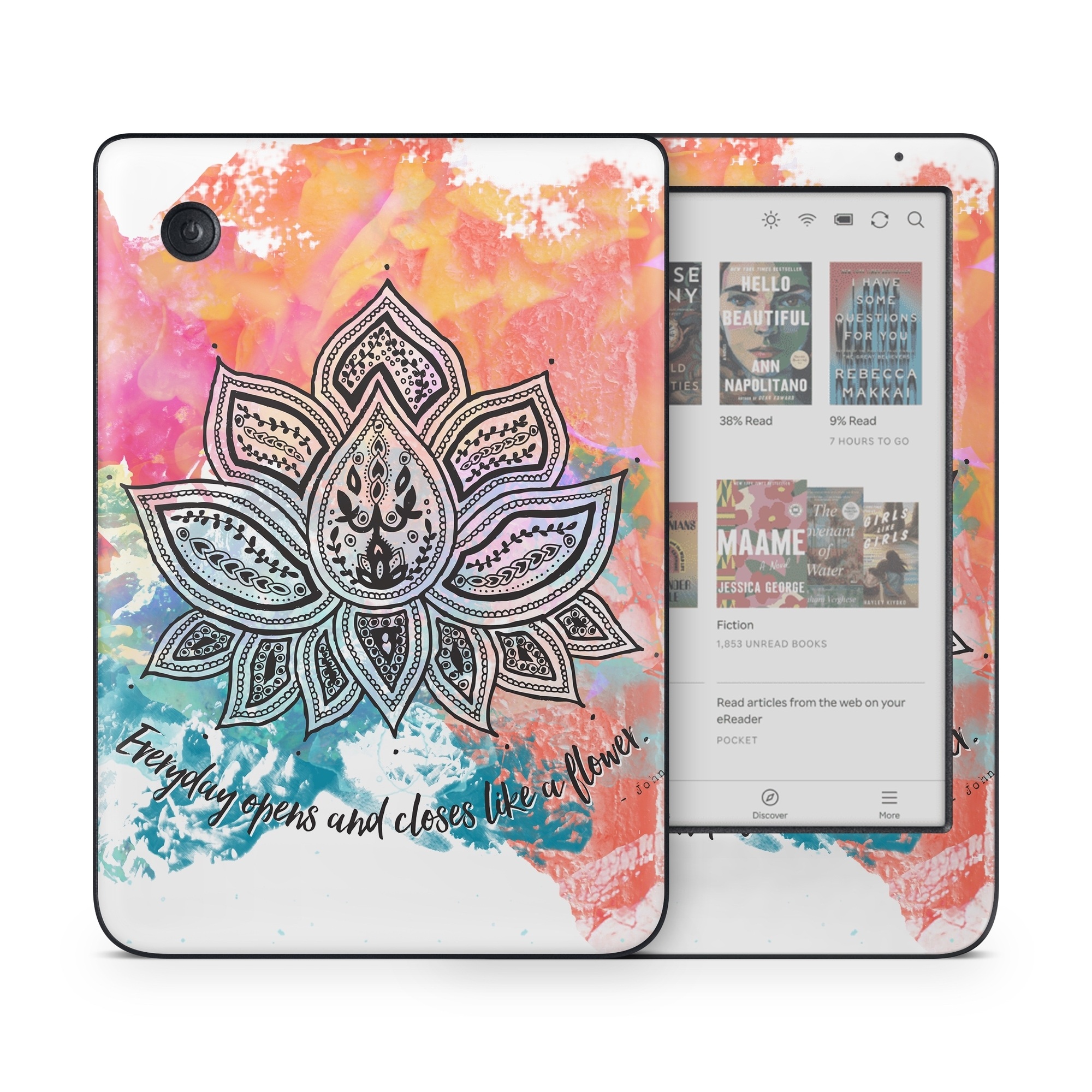 Kobo Clara Colour Skin design of Pink, Leaf, Pattern, Design, Graphic design, Illustration, Symmetry, Visual arts, Art, Plant, with orange, yellow, red, blue, green, black colors