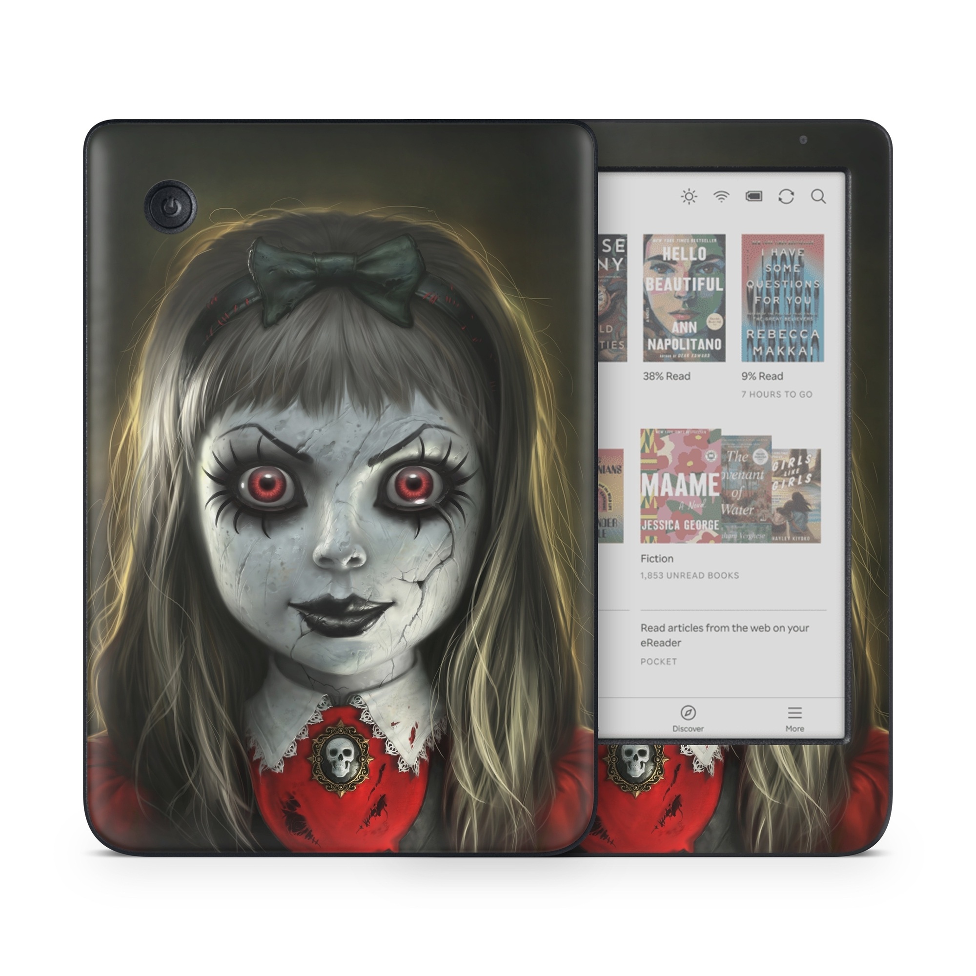 Kobo Clara Colour Skin design of Fiction, Illustration, Fictional character, Ghost, Darkness, Vampire, Goth subculture, Zombie, Art, Skull, with white, red, black, yellow colors