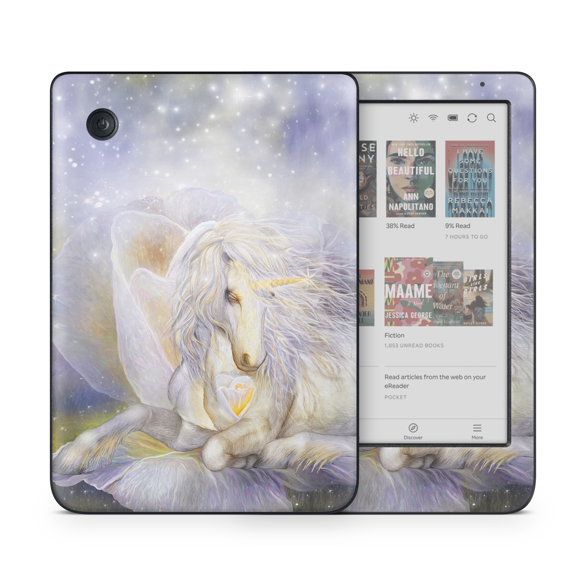 Kobo Clara Colour Skin design of Fictional character, Mythical creature, Unicorn, Sky, Mythology, Supernatural creature, Illustration, with gray, black, green, pink, blue colors