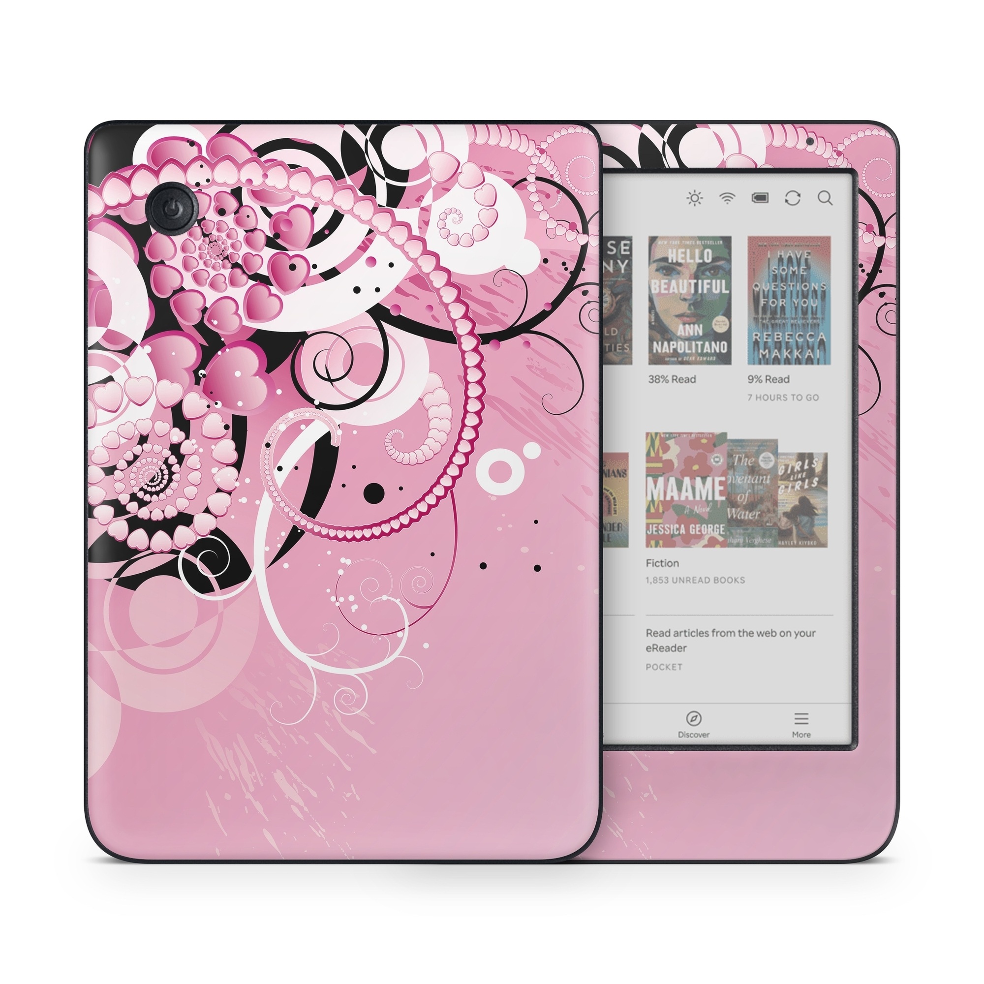 Kobo Clara Colour Skin design of Pink, Floral design, Graphic design, Text, Design, Flower Arranging, Pattern, Illustration, Flower, Floristry, with pink, gray, black, white, purple, red colors