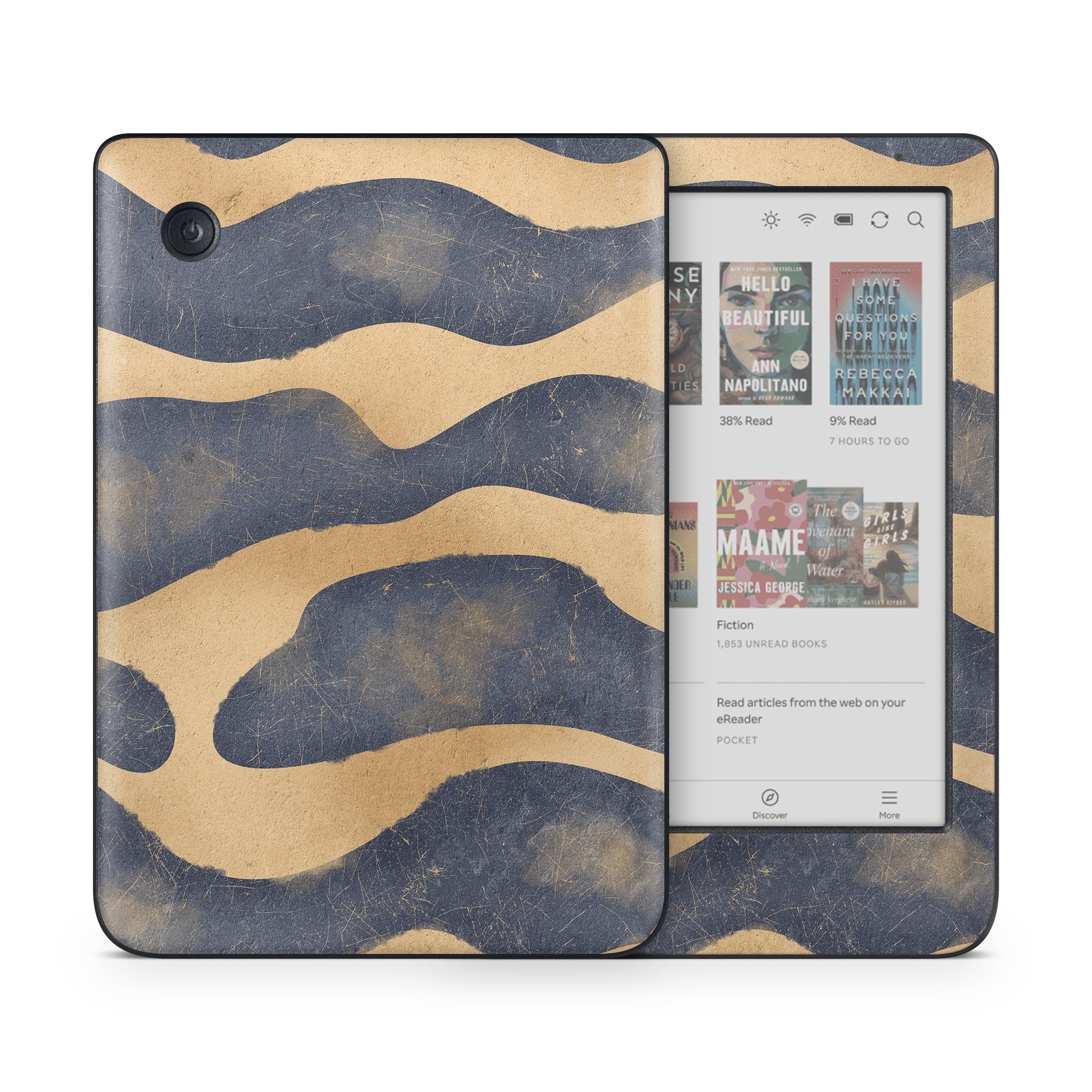 Kobo Clara Colour Skin design of Art, Painting, Pattern, Font, Landscape, Dune, Illustration, Aeolian landform, Sand, Visual arts, with blue, brown colors