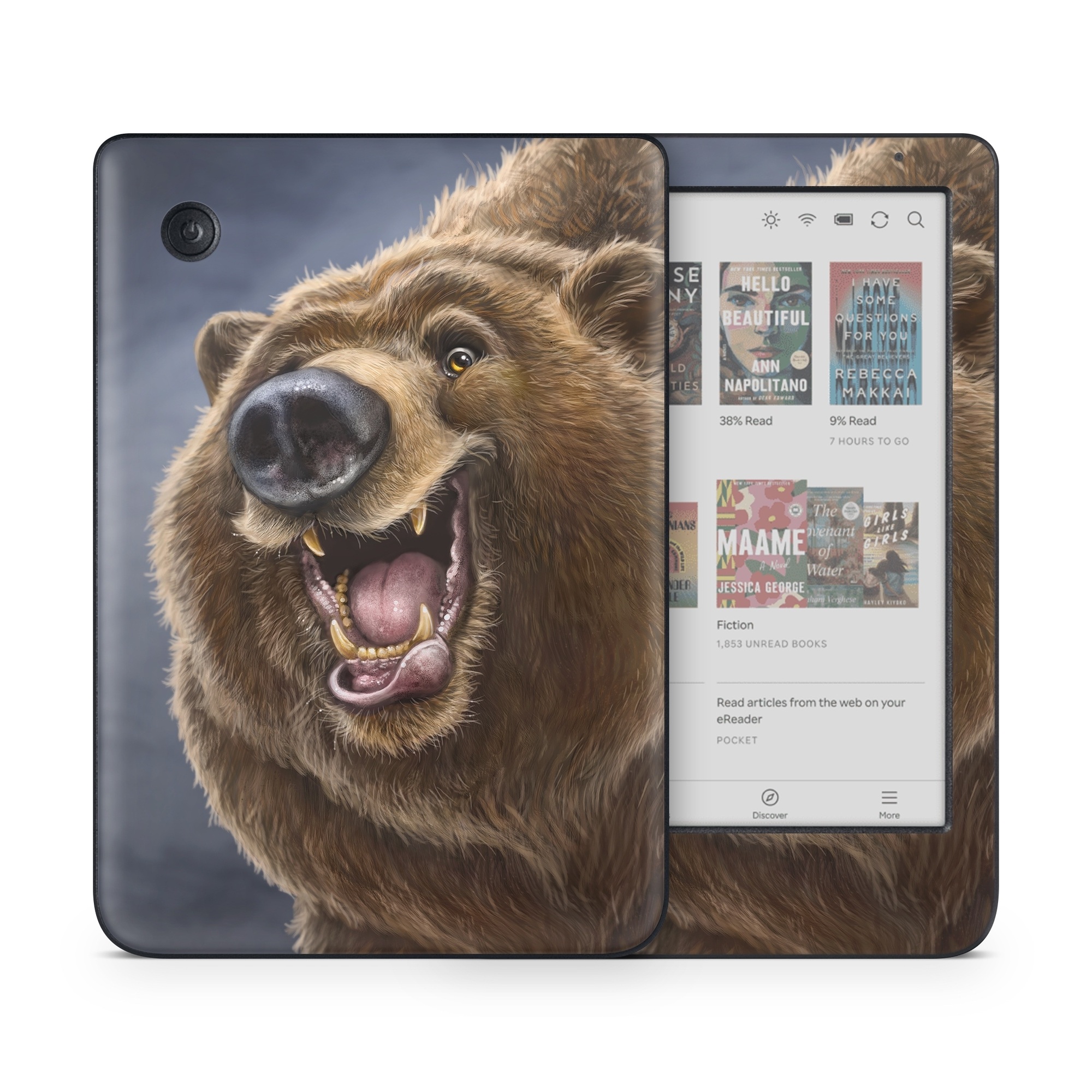 Kobo Clara Colour Skin design of Brown bear, Kodiak bear, Carnivore, Grizzly bear, Terrestrial animal, Snout, Bear, Whiskers, Fur, Fang, with brown, black, white, pink, gray colors