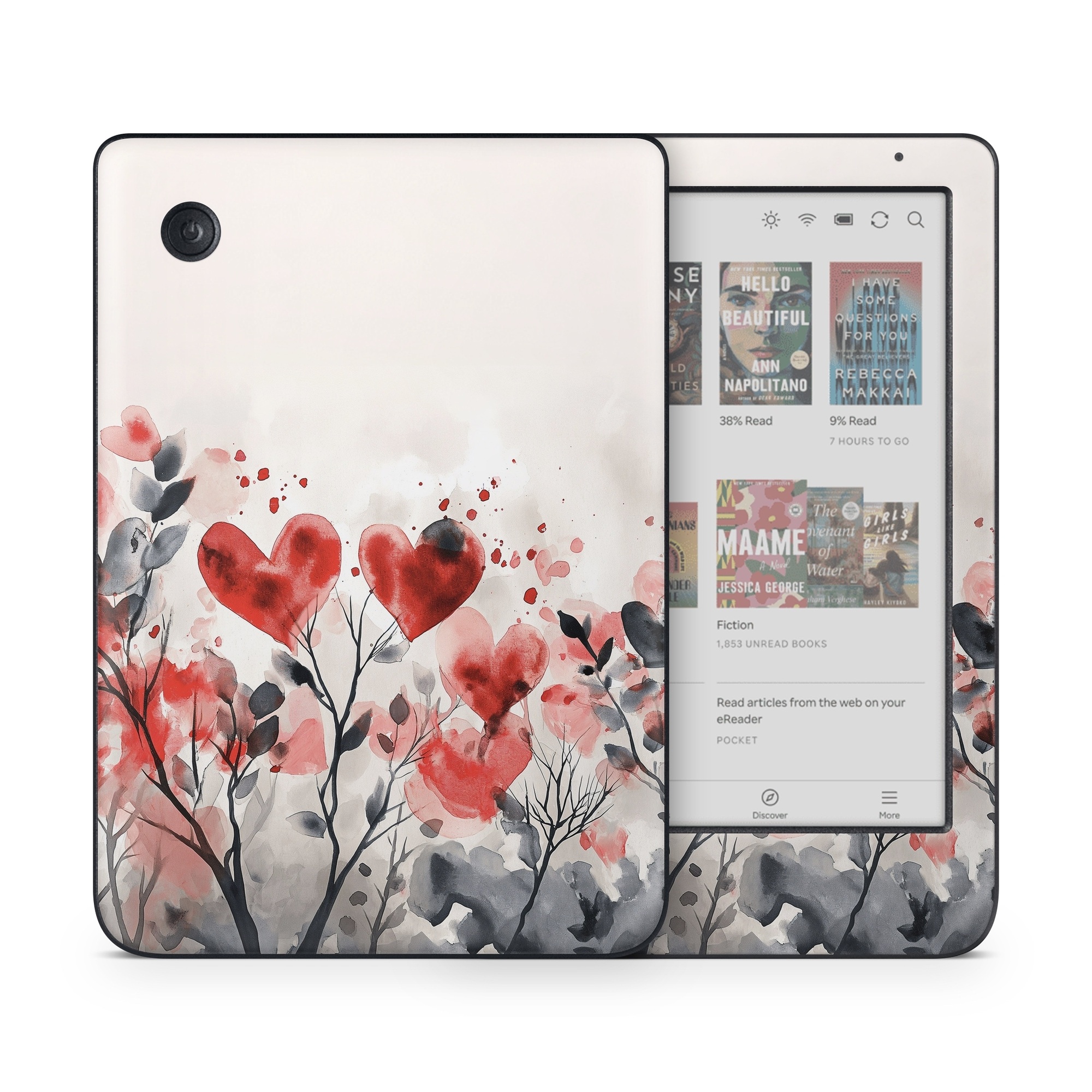 Kobo Clara Colour Skin design of Flower, Plant, Petal, Sky, Natural landscape, Twig, Tree, Art, Painting, Flowering plant, with white, black, gray, red, pink colors