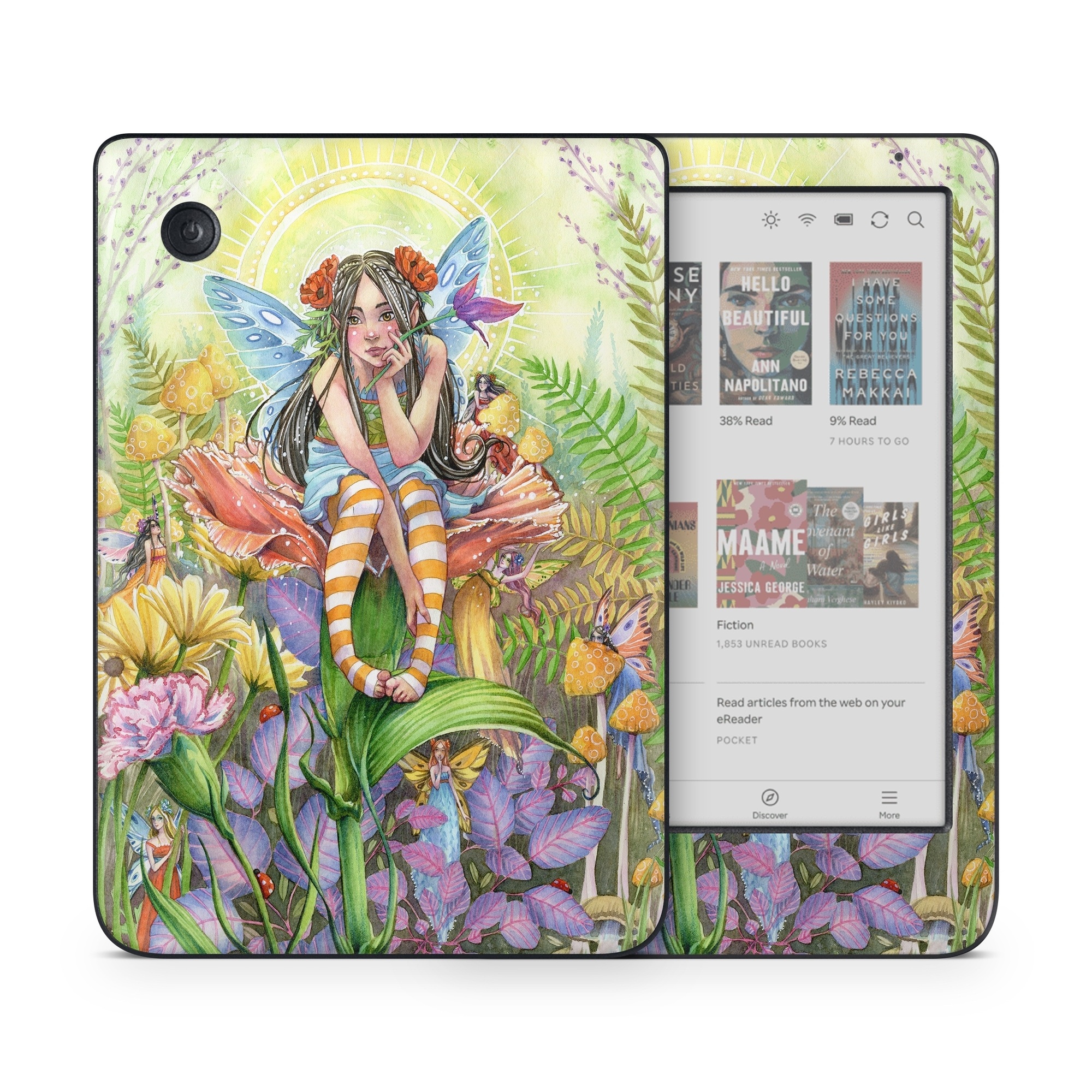 Kobo Clara Colour Skin design of Fictional character, Illustration, Art, Plant, Painting, Wildflower, Mythical creature, with gray, green, black, yellow, red colors
