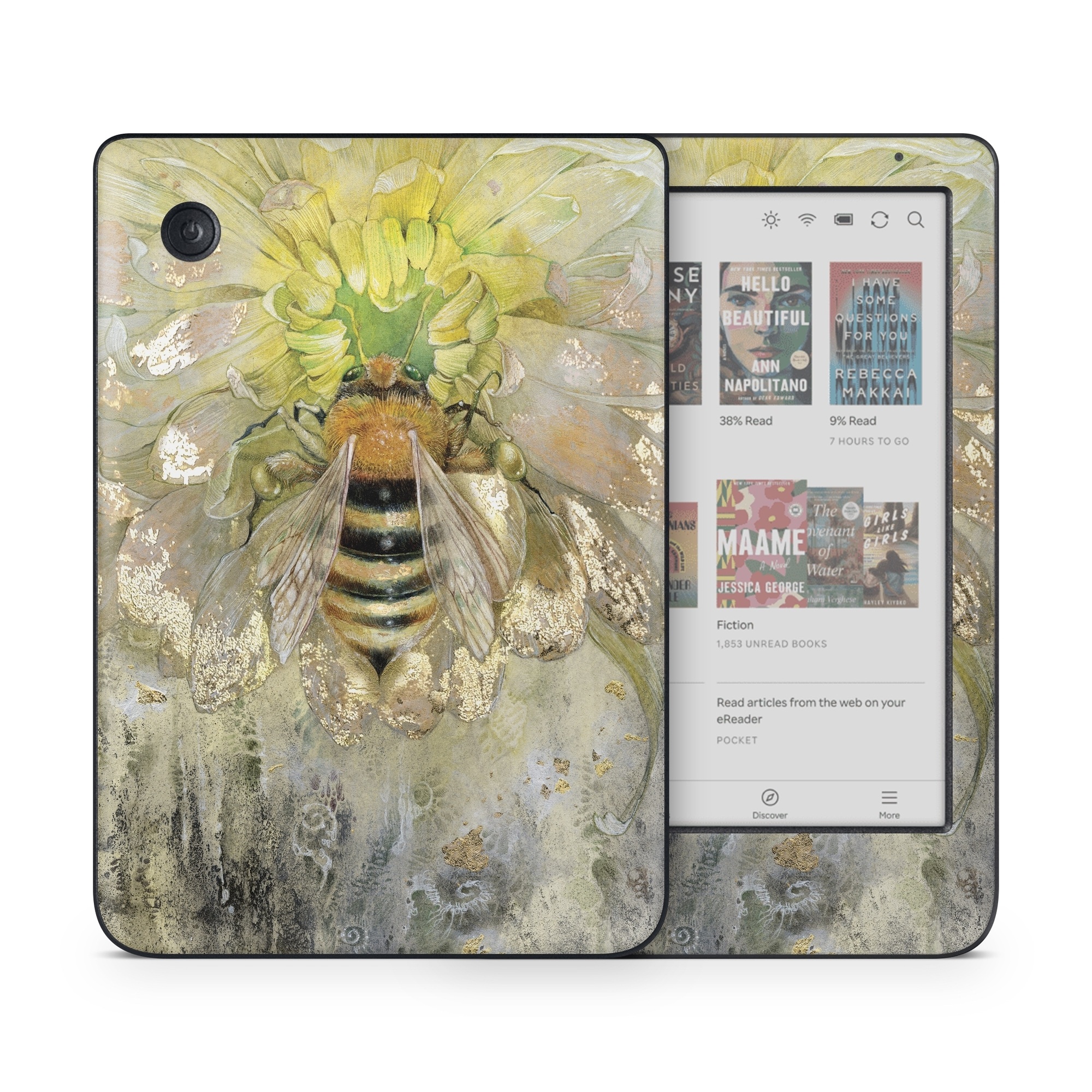 Kobo Clara Colour Skin design of Honeybee, Insect, Bee, Membrane-winged insect, Invertebrate, Pest, Watercolor paint, Pollinator, Illustration, Organism, with yellow, orange, black, green, gray, pink colors