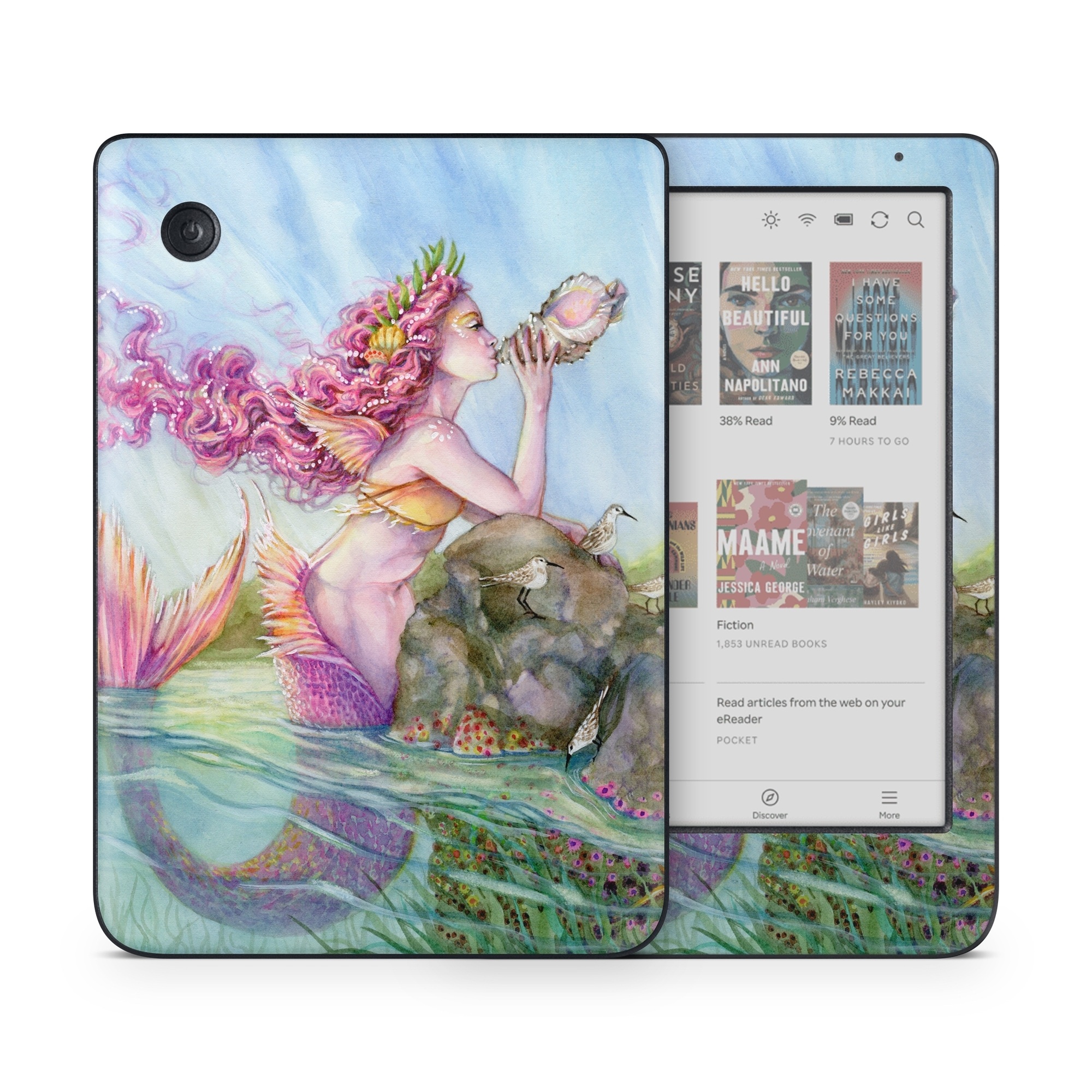Kobo Clara Colour Skin design of Cg artwork, Mythology, Illustration, Fictional character, Watercolor paint, Art, Painting, Plant, Mythical creature, with blue, pink, purple, green, gray colors