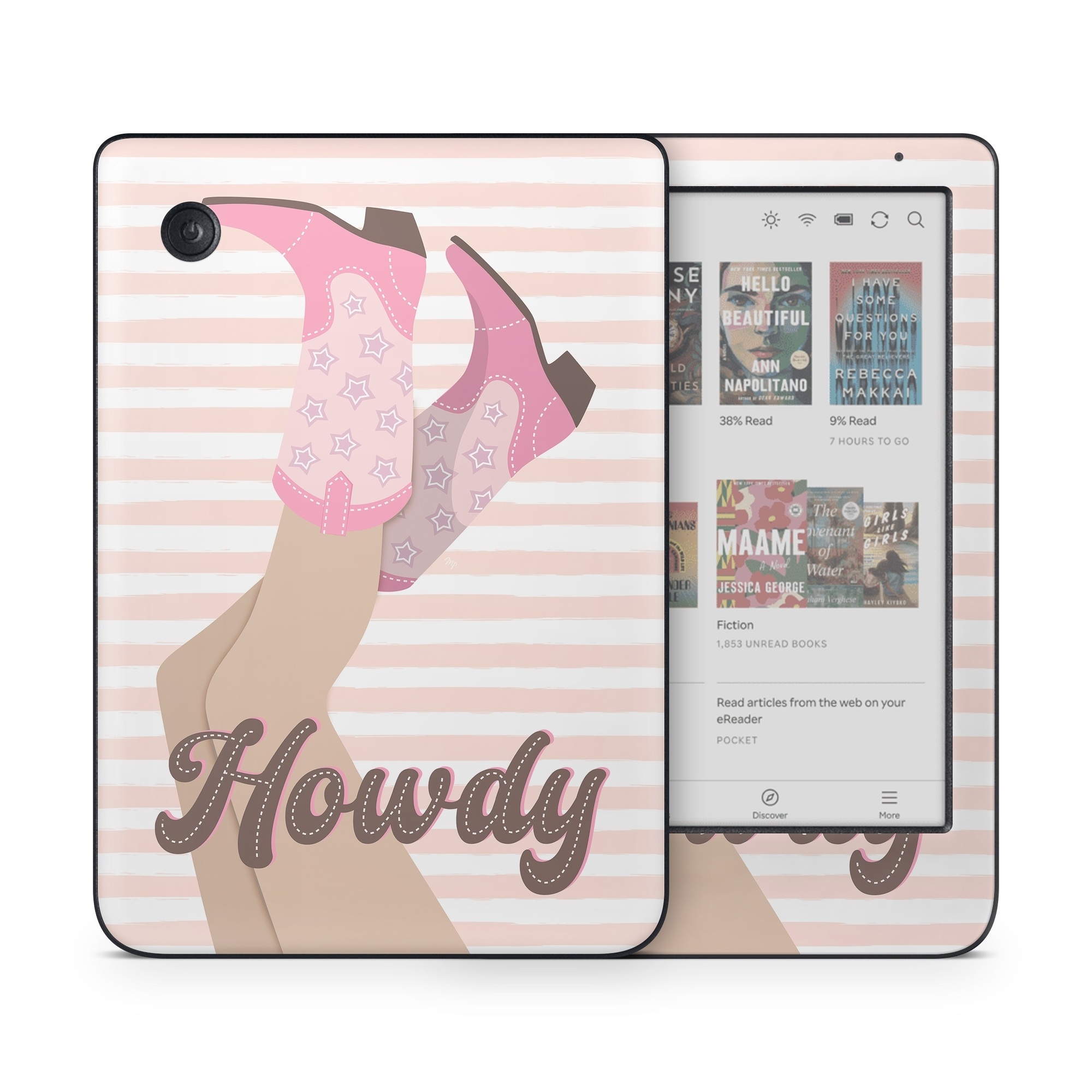 Kobo Clara Colour Skin design of Hand, Glove, Sleeve, Gesture, Font, Finger, Pink, Material property, Waist, Thumb, with pink, white, brown colors