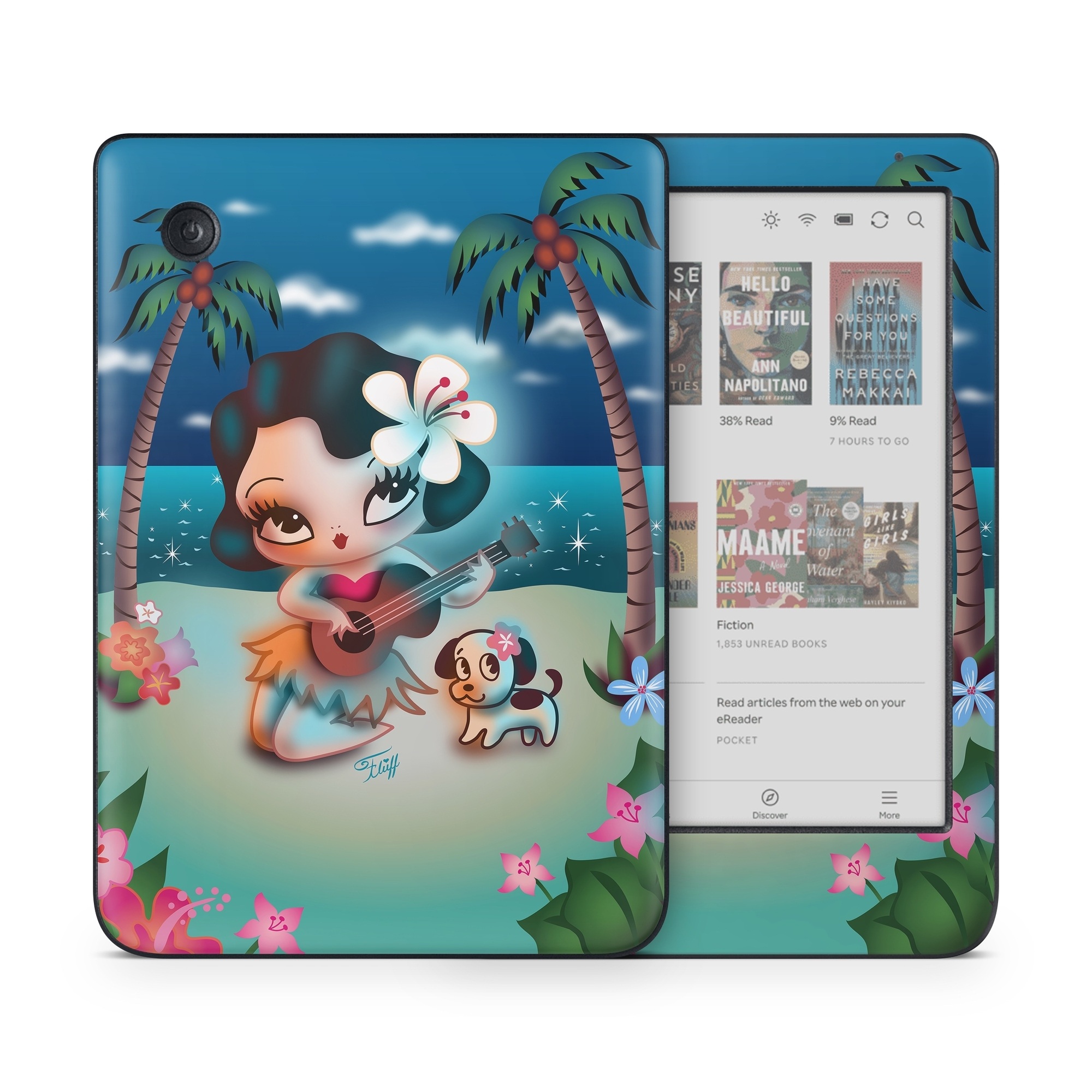 Kobo Clara Colour Skin design of Cartoon, Animated cartoon, Illustration, Animation, Fictional character, Plant, Art, Clip art, with blue, white, brown, pink, green, yellow, red colors