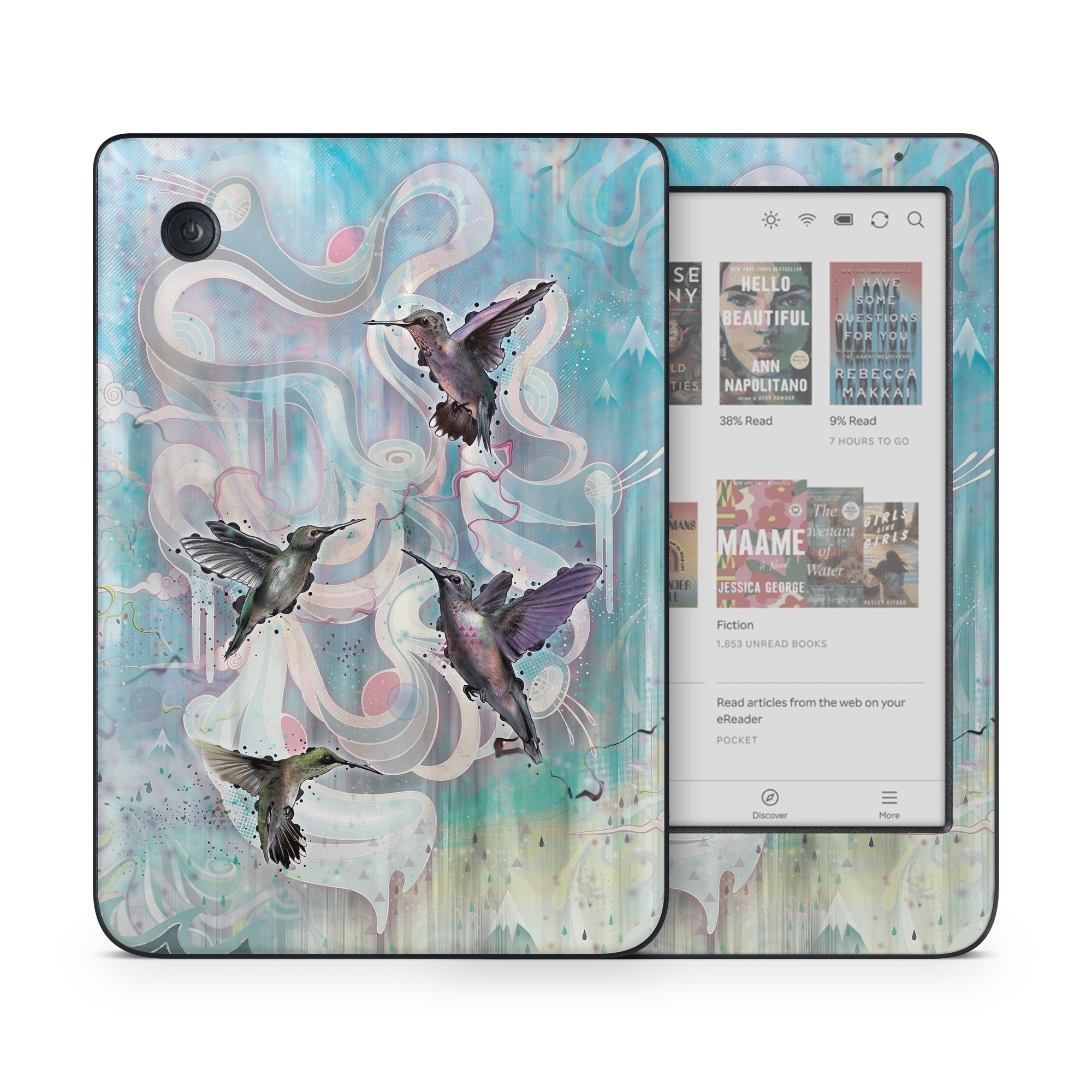 Kobo Clara Colour Skin design of Bird, Watercolor paint, Illustration, Hummingbird, Painting, Art, Wing, Fictional character, Acrylic paint, Perching bird, with gray, blue, black colors