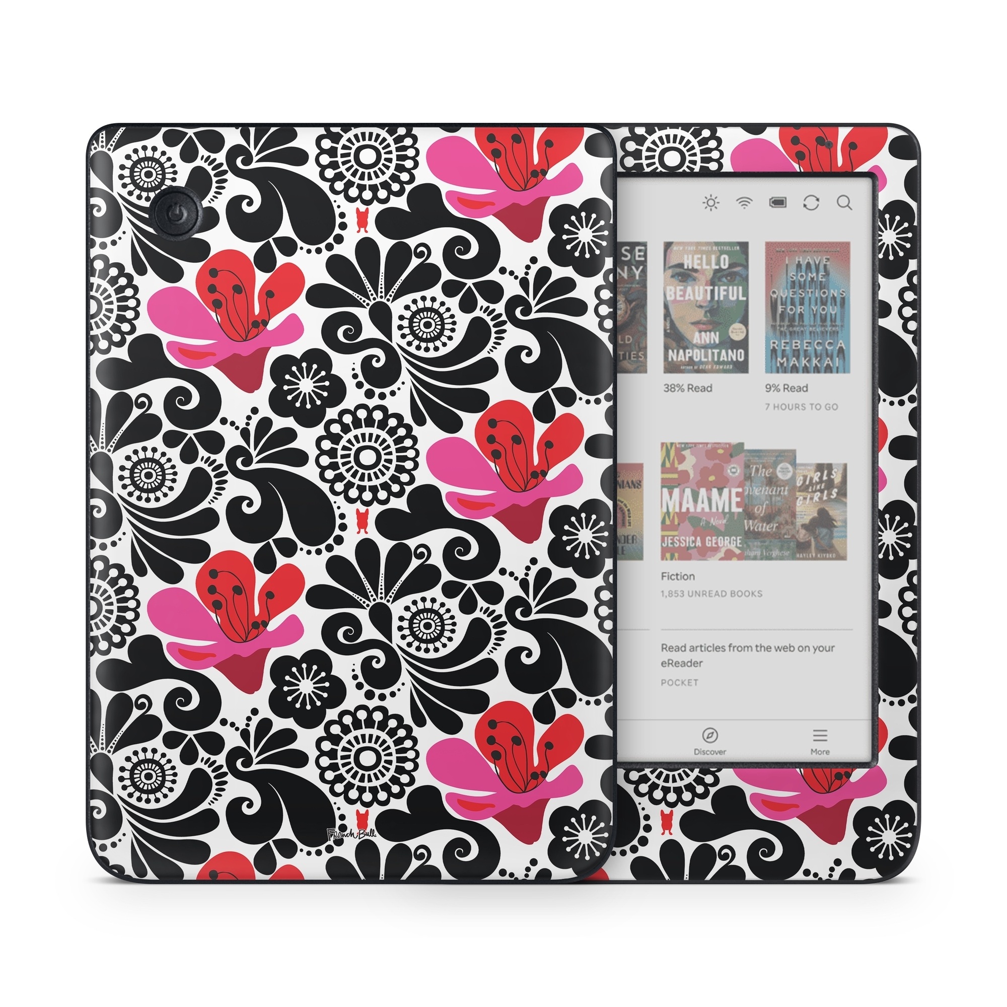 Kobo Clara Colour Skin design of White, Product, Green, Botany, Petal, Textile, Pink, Creative arts, Line, Magenta, with black, white, pink, red colors