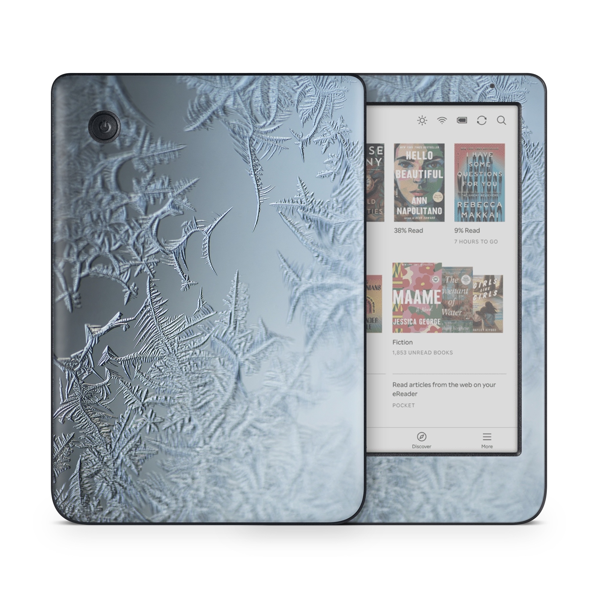 Kobo Clara Colour Skin design of Water, Frost, Freezing, Winter, Pattern, Ice, Sky, Atmosphere, Design, Reflection, with blue, gray, white, black colors