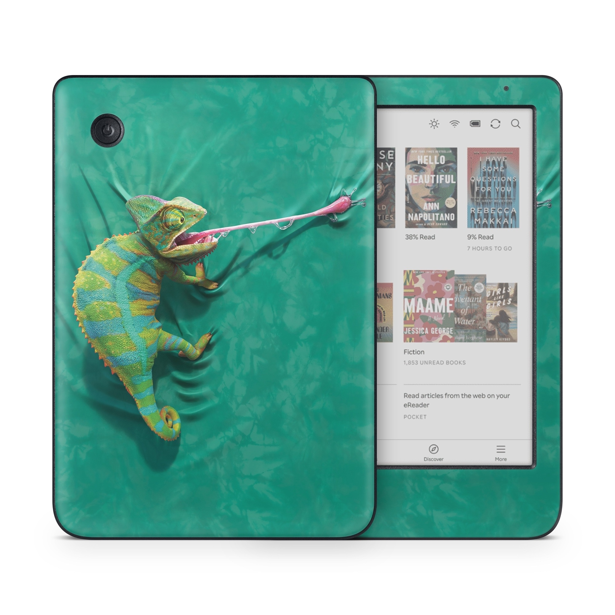 Kobo Clara Colour Skin design of Green, Fish, Tail, Chameleon, with blue, black, green, gray colors