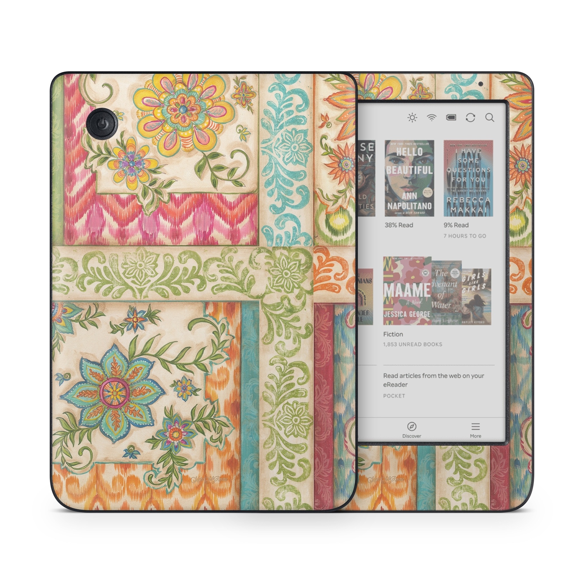 Kobo Clara Colour Skin design of Flower, Rectangle, Plant, Botany, Textile, Aqua, Art, Pattern, Symmetry, Motif, with red, orange, green, blue, pink, yellow colors