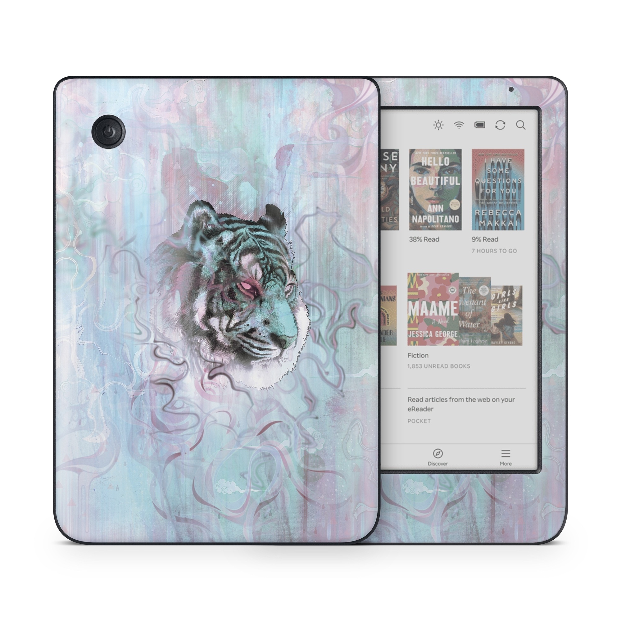 Kobo Clara Colour Skin design of Watercolor paint, Illustration, Art, Visual arts, Drawing, Graphic design, Pattern, Painting, Acrylic paint, Fictional character, with gray, purple, black colors