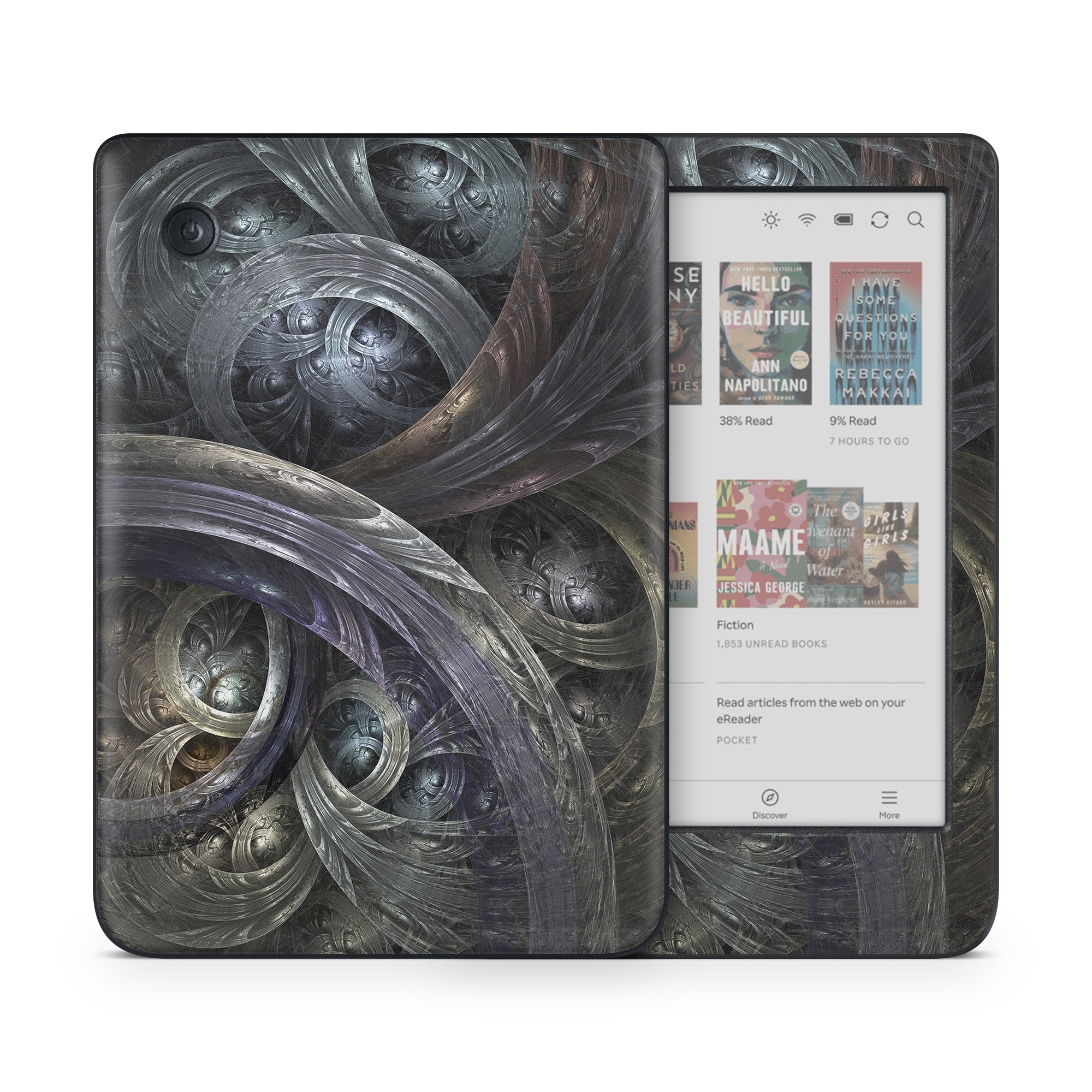 Kobo Clara Colour Skin design of Fractal art, Graphic design, Art, Cg artwork, Darkness, Circle, Pattern, Illustration, Graphics, Metal, with black, gray, blue colors