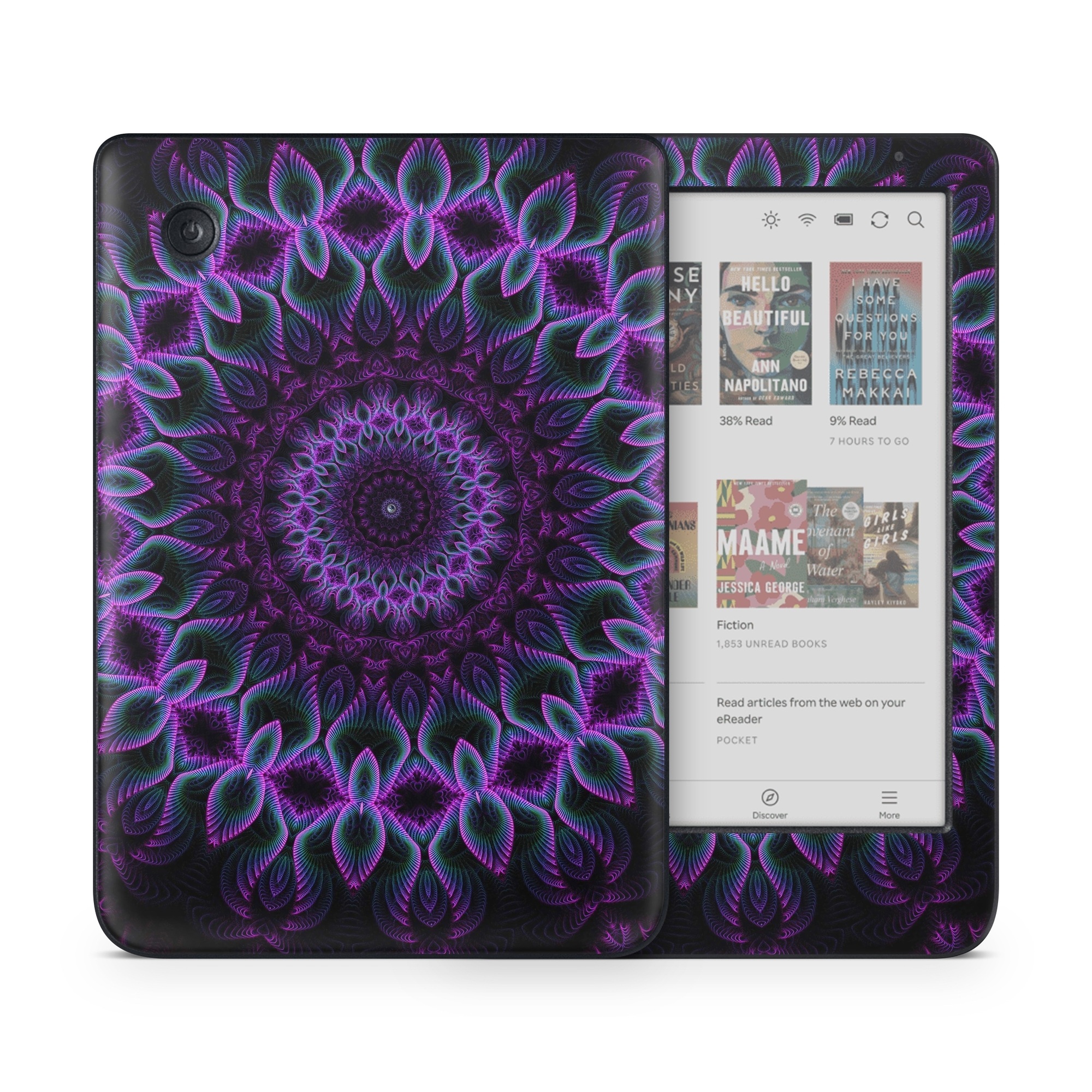 Kobo Clara Colour Skin design of Colorfulness, Pattern, Purple, Violet, Magenta, Red, Pink, Art, Fractal Art, Visual Arts, Design, Circle, Symmetry, Psychedelic Art, Motif, Kaleidoscope, Graphics, with black, purple, blue, white colors
