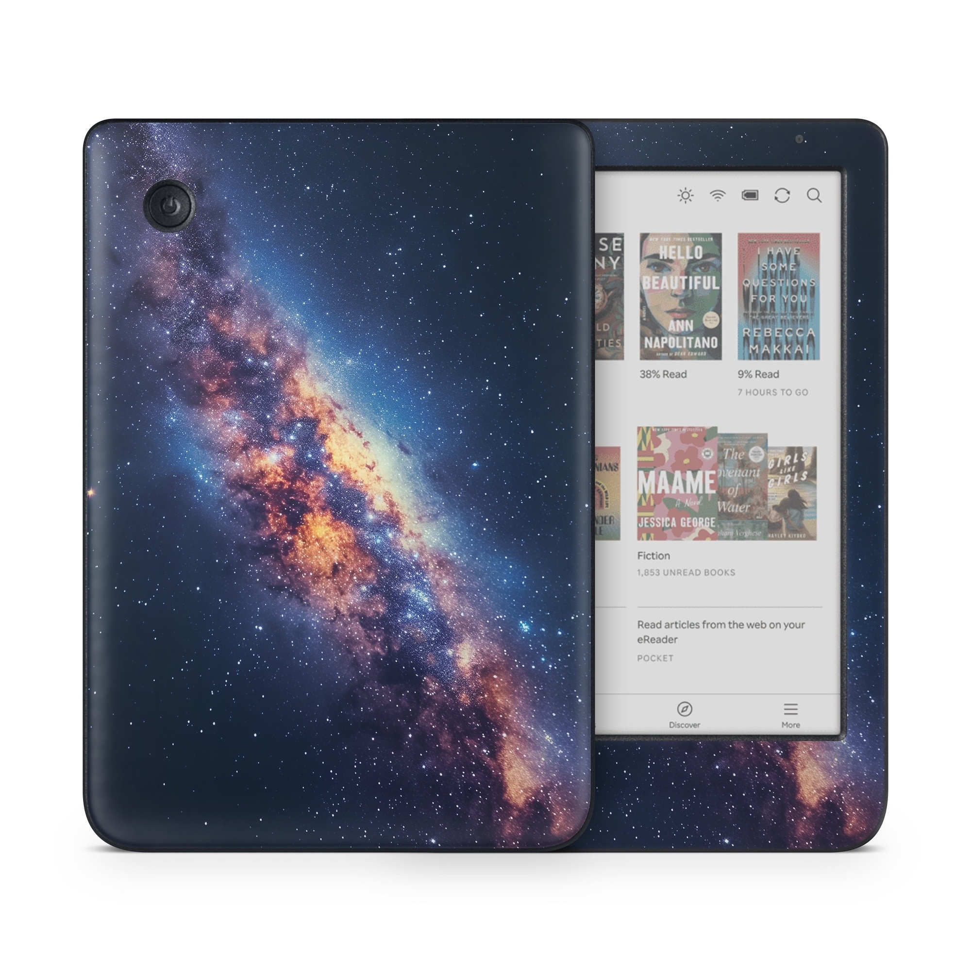 Kobo Clara Colour Skin design of Atmosphere, Sky, Nature, World, Nebula, Galaxy, Astronomical object, Atmospheric phenomenon, Milky way, Star, with black, blue, white, yellow, orange, red, purple, gray colors
