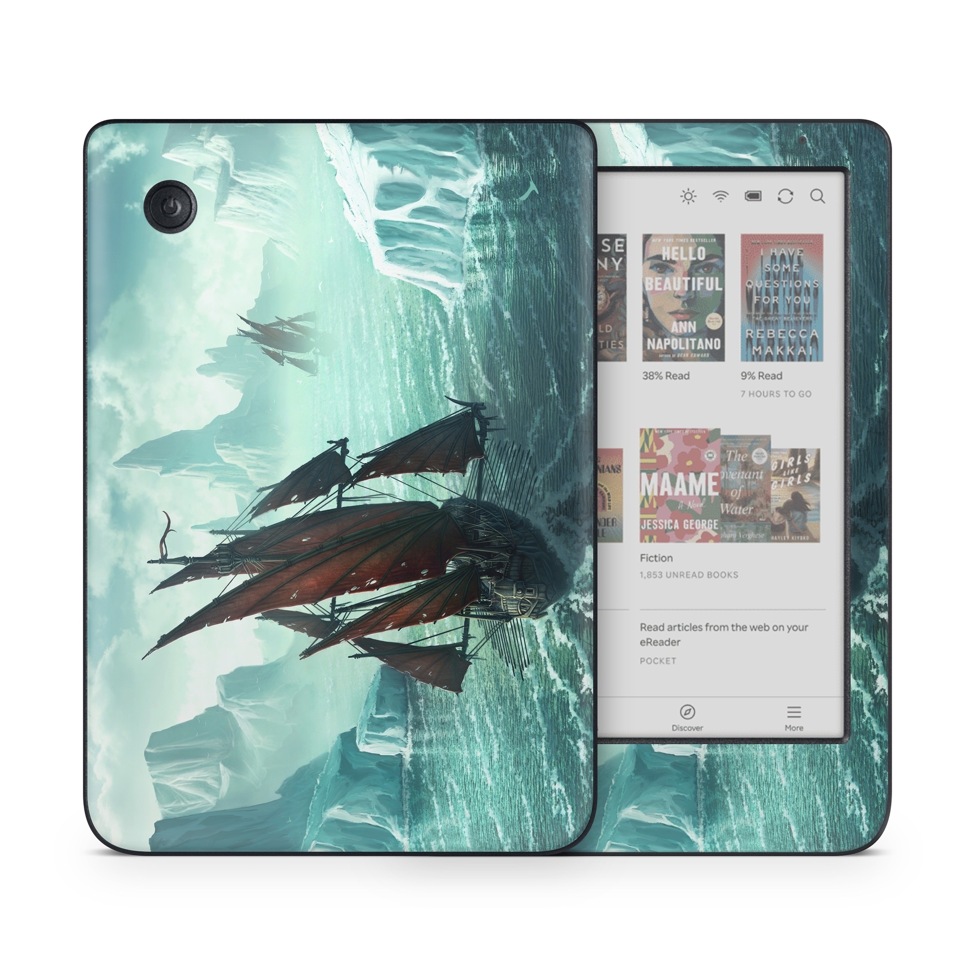 Kobo Clara Colour Skin design of Cg artwork, Vehicle, Ghost ship, Manila galleon, Fluyt, Adventure game, First-rate, Sailing ship, Mythology, Strategy video game, with gray, black, blue, green, white colors