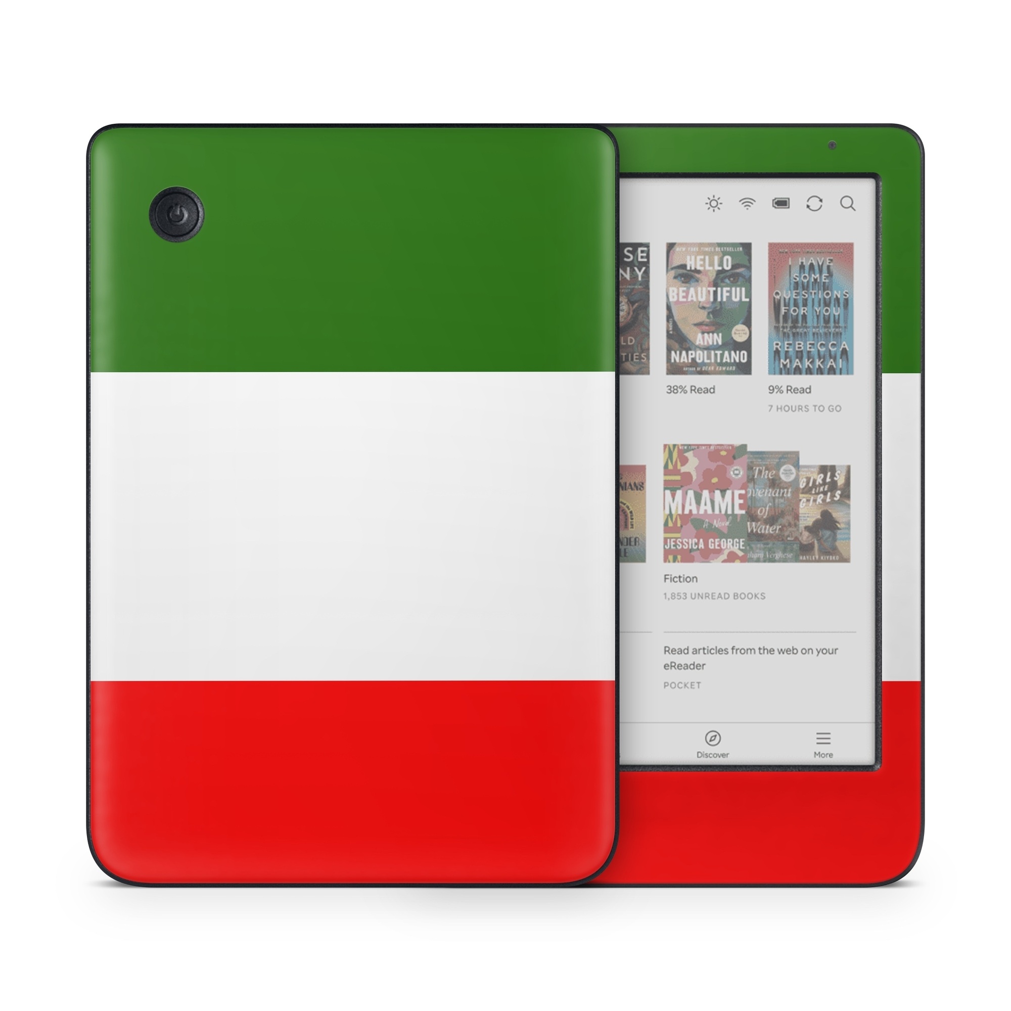 Kobo Clara Colour Skin design of Green, Red, Pink, Turquoise, Material property, Magenta, Font, Rectangle, Pattern, Graphic design, with white, red, green colors